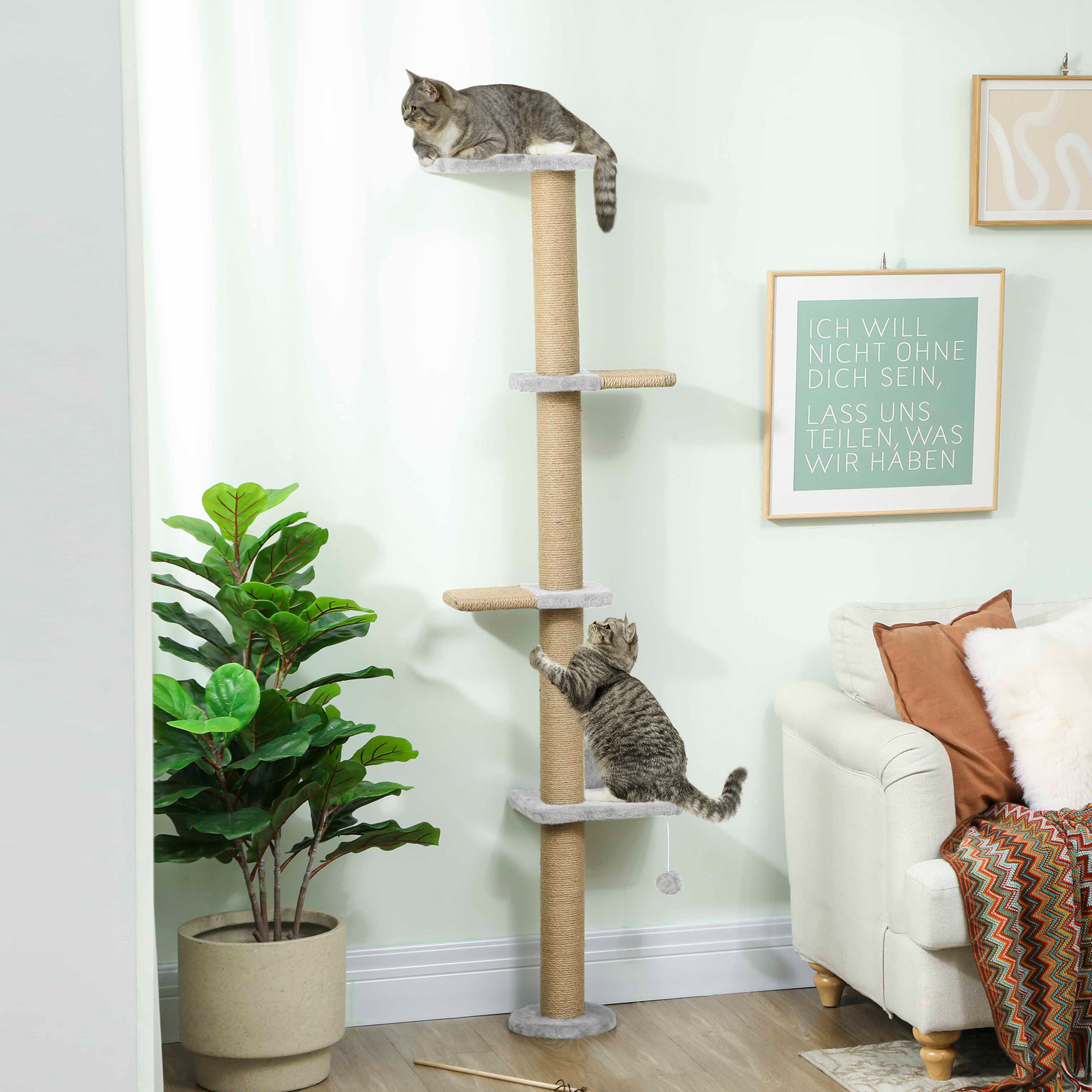 Katzenkratzbaum, 5-stufiges Design, Spielzeug, Sisalpfosten, Plüschstoff, Hellgrau