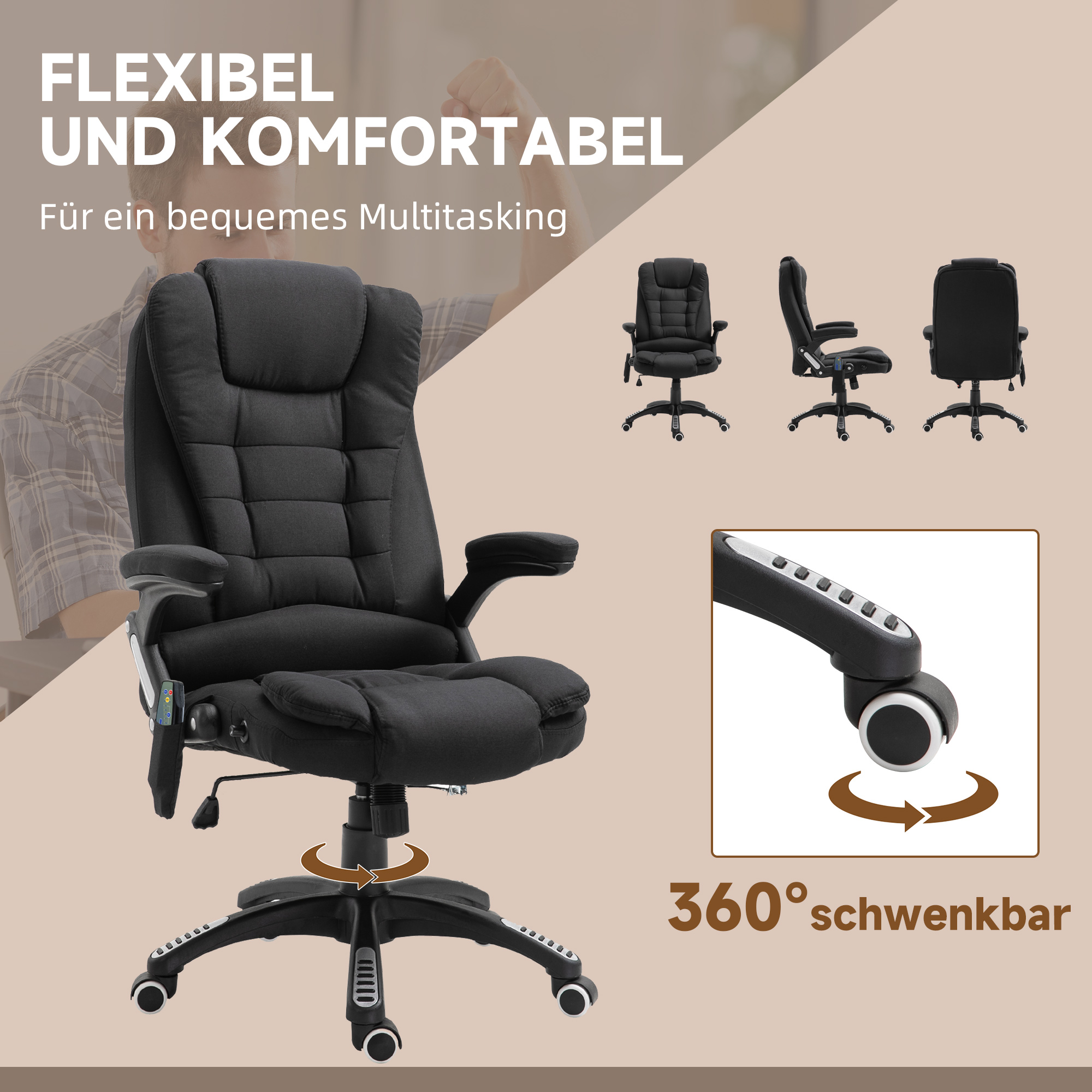 Bürostuhl mit Vibrationsmassage, Ergonomisch Schreibtischstuhl mit Heiz-, Liegefunktion, Höhenverstellbar Chefsessel mit Fernbedienung, Seitentasche, Leinenoptik, Schwarz