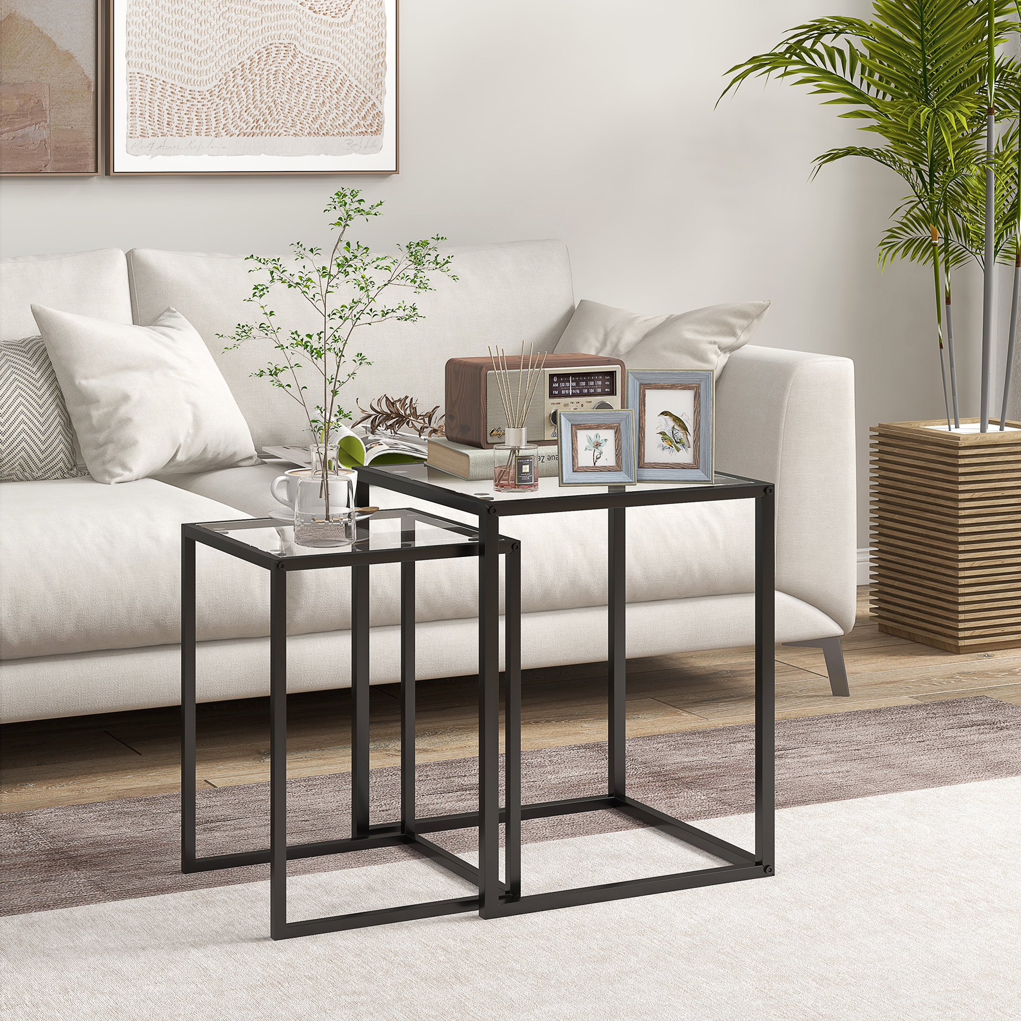 2er Set Beistelltisch stapelbarer Nachttisch Couchtisch mit Beinen aus Stahl, modern für Wohnzimmer Schwarz
