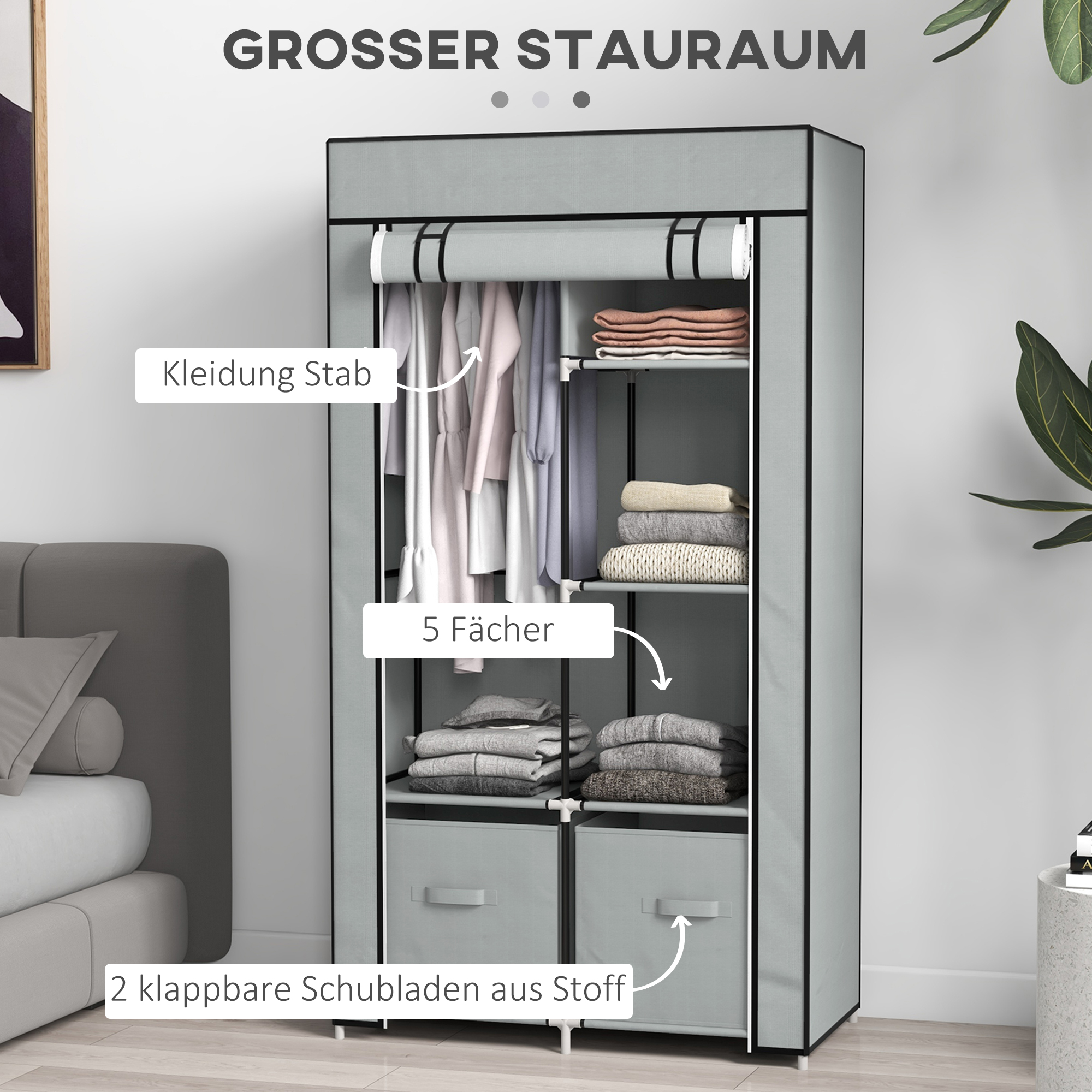 Kleiderschrank Stoffschrank 1 Kleiderstange, 2 Schubladen, 83 x 42.5 x 162,5 cm, Grau