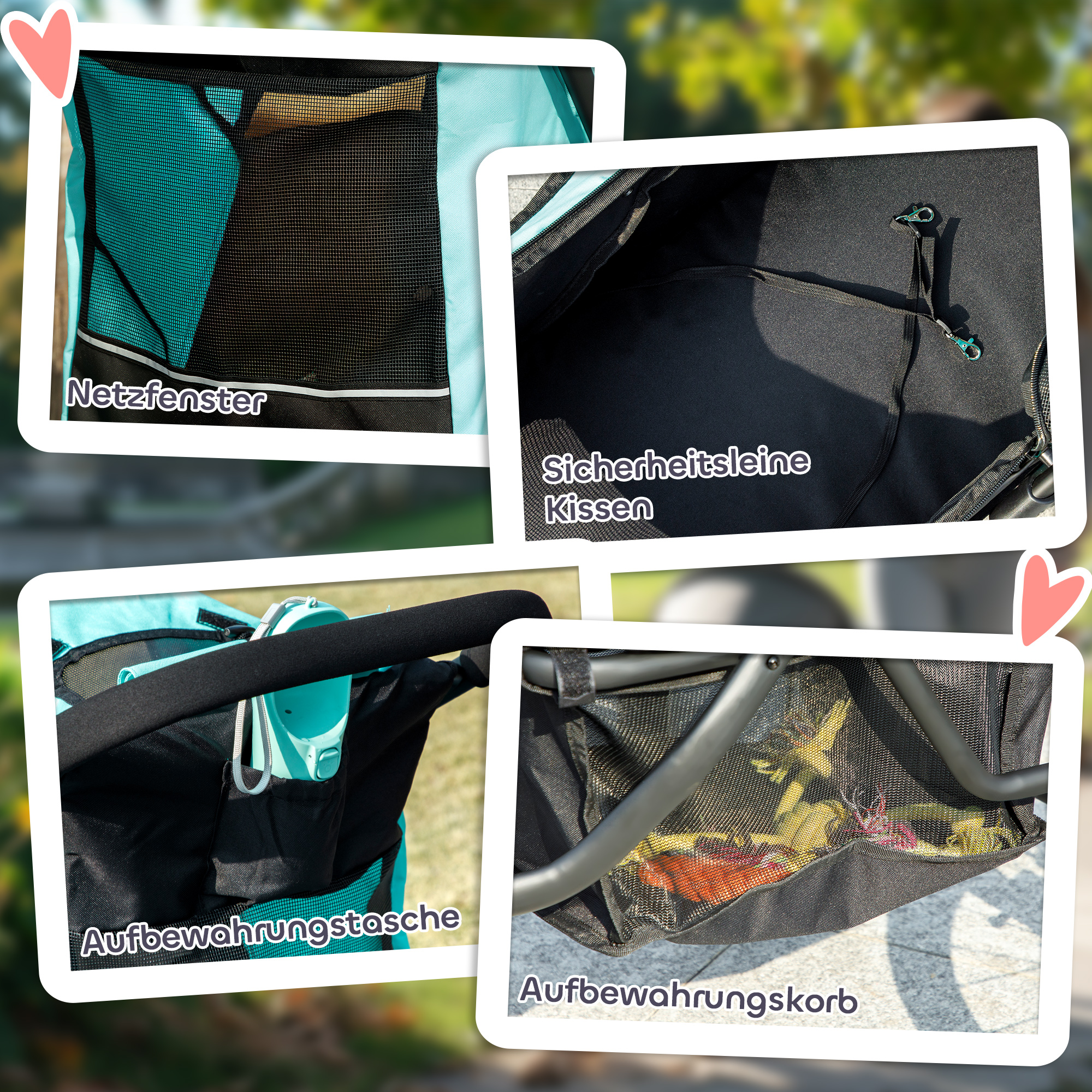 Hundebuggy, Haustierwagen für kleine Hunde und Katzen, mit Aufbewahrungskorb, Ein-Klick-Faltdesign, Türkis