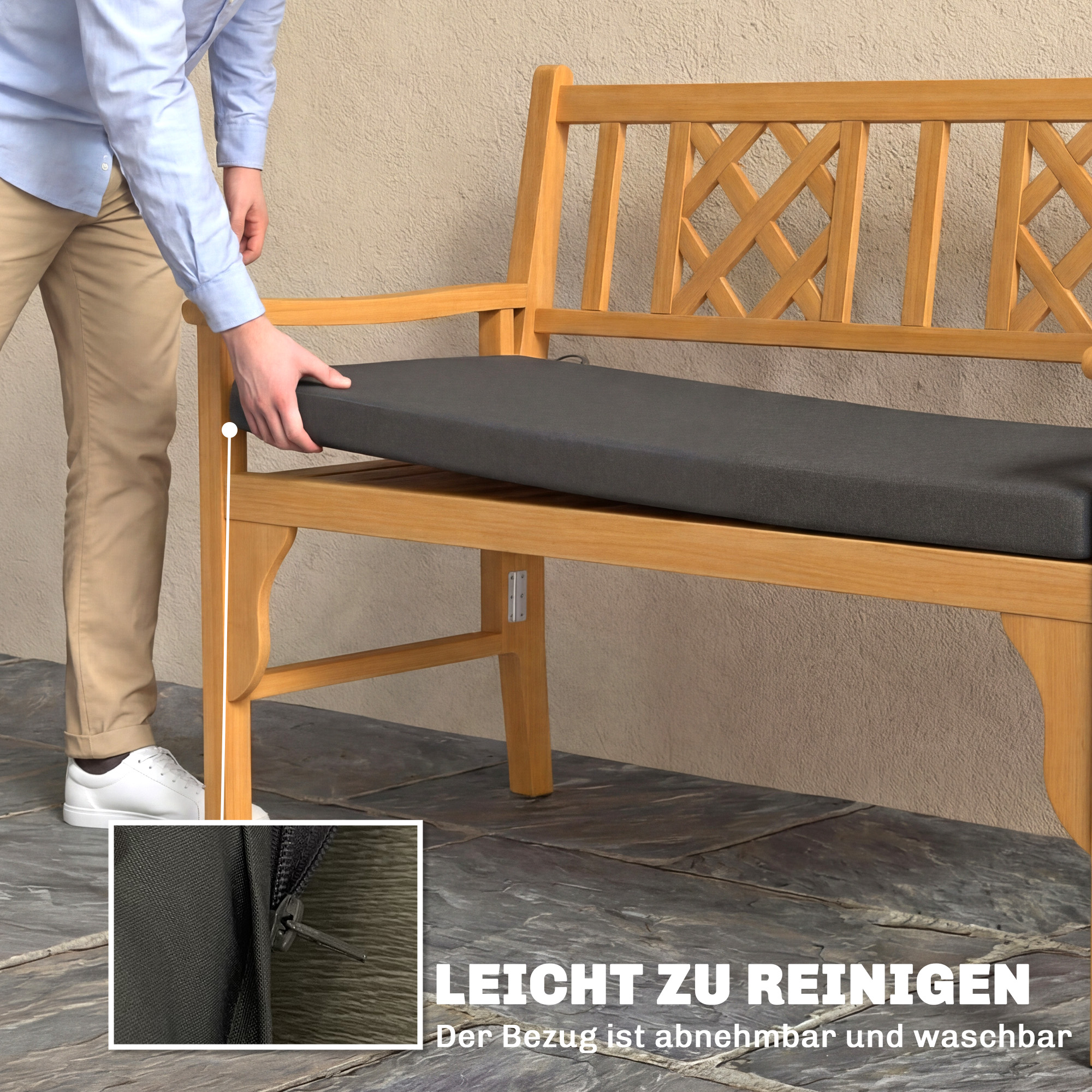 wasserabweisendes Bankkissen, Outdoor-Sitzpolster mit abnehmbarem Bezug und Befestigungsbändern für Garten und Terrasse, 110 x 46 cm, Dunkelgrau