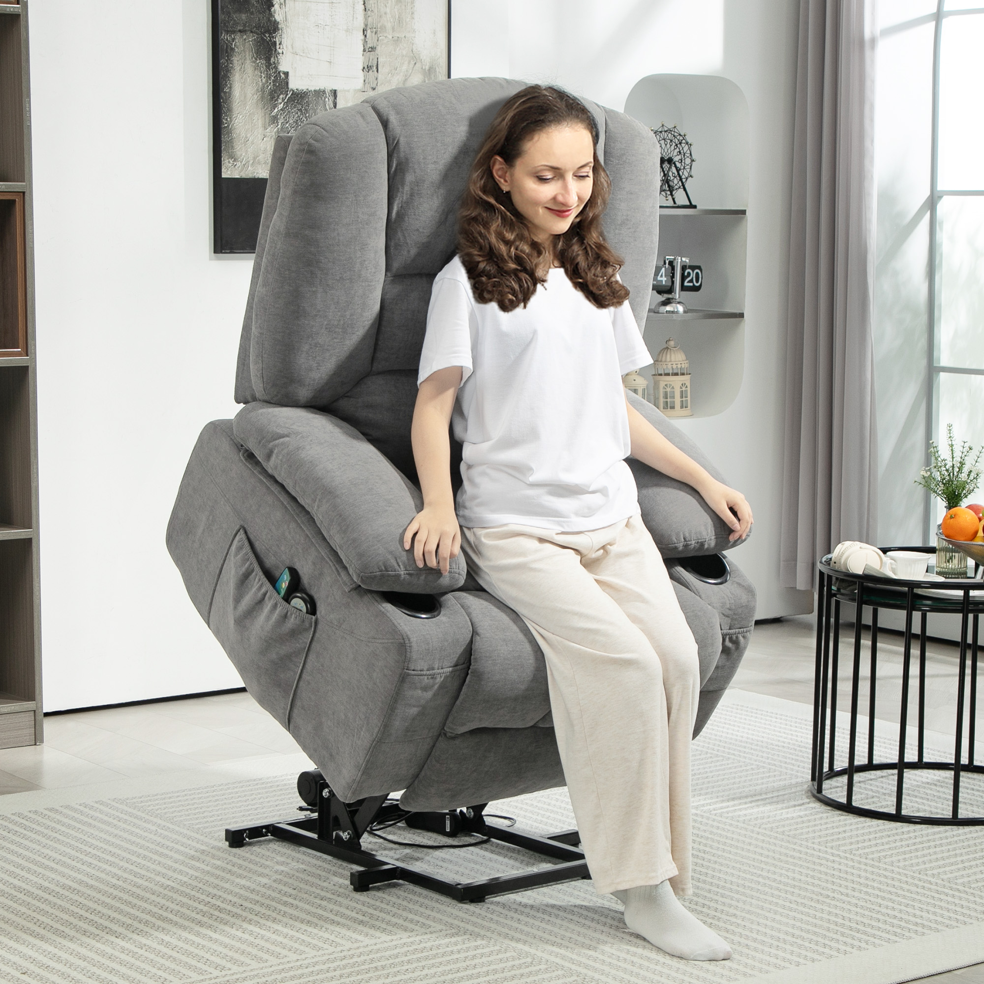 Elektrischer Relaxsessel mit Aufstehhilfe, Massagesessel mit Wärmefunktionen, 2 Fernbedienungen, weicher Schaumstoff