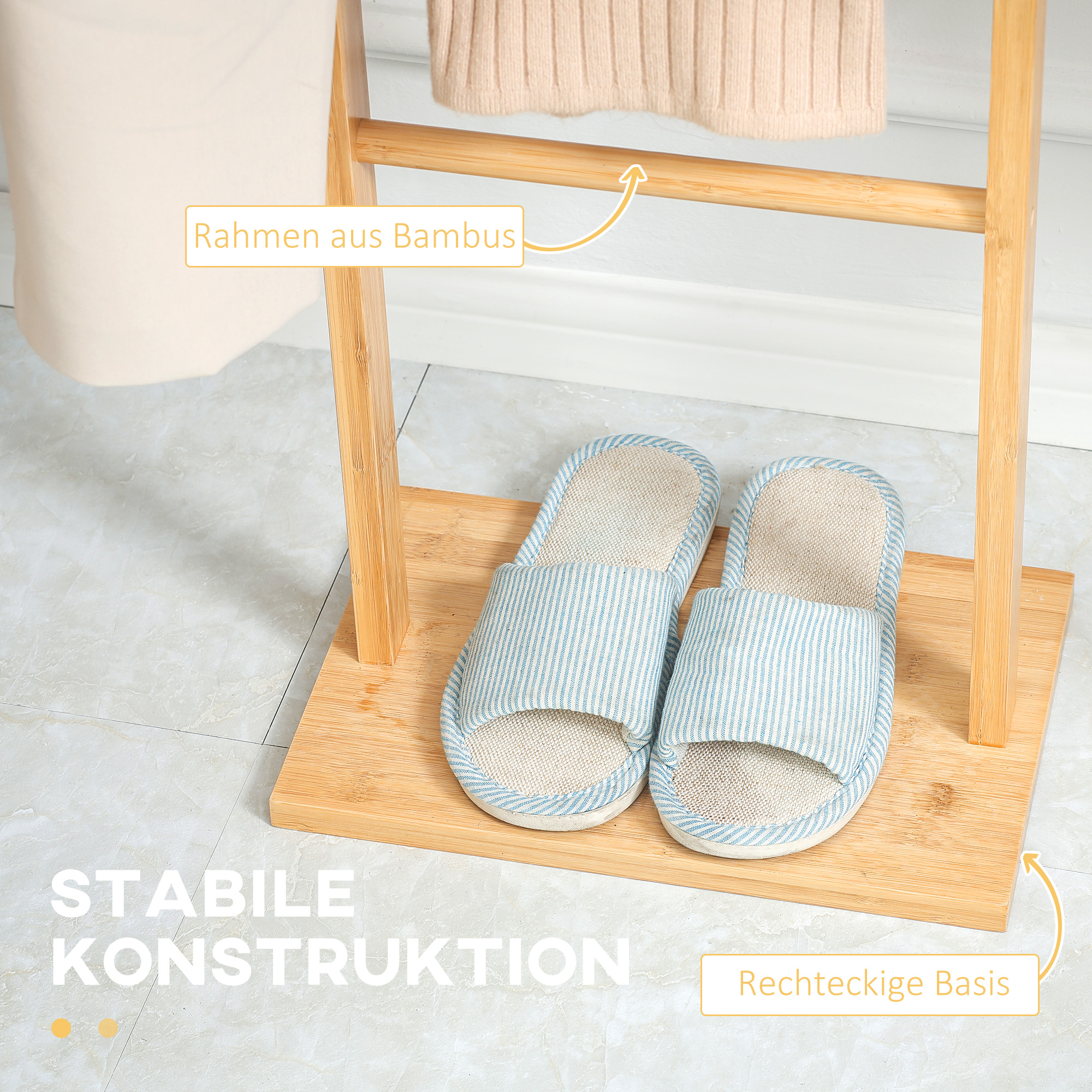 moderner Garderobenständer, 2 Haken & 3 Stangen, robustes Bambus, 36x24x168 cm, Natur