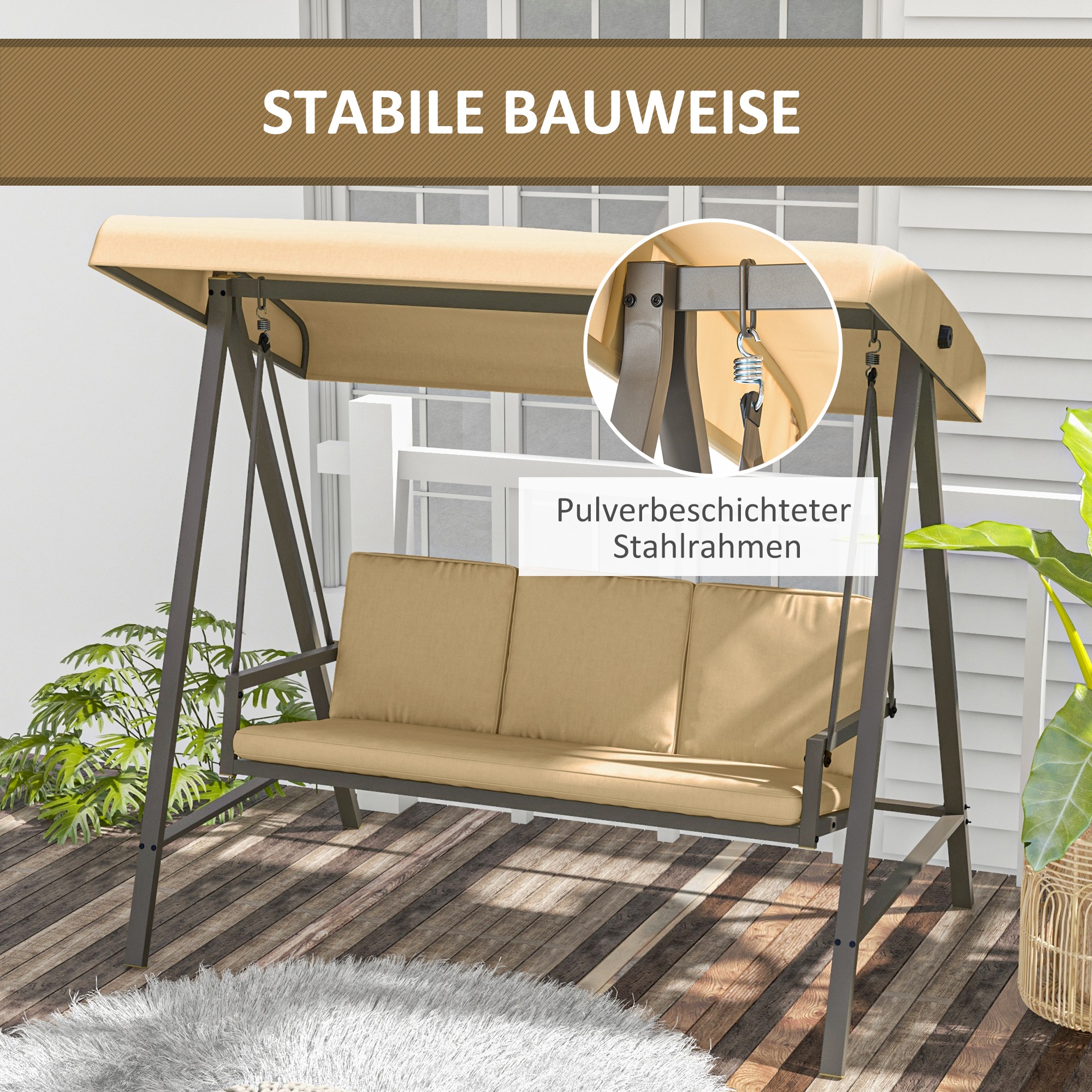 Hollywoodschaukel Gartenschaukel Schaukelbank, verstellbares Sonnendach, 200 cm x 125 cm x 175 cm, Beige + Braun