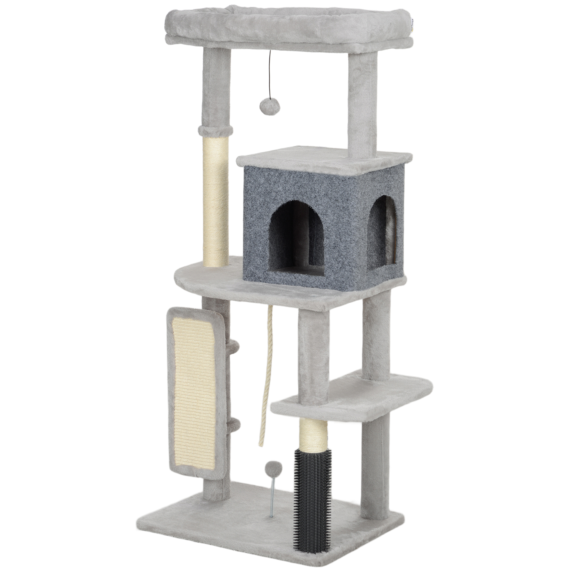 132 cm Katzenbaum mit Kratzpfosten, Bett, Haus, Sprungplattformen, Pflegebürste, Hellgrau