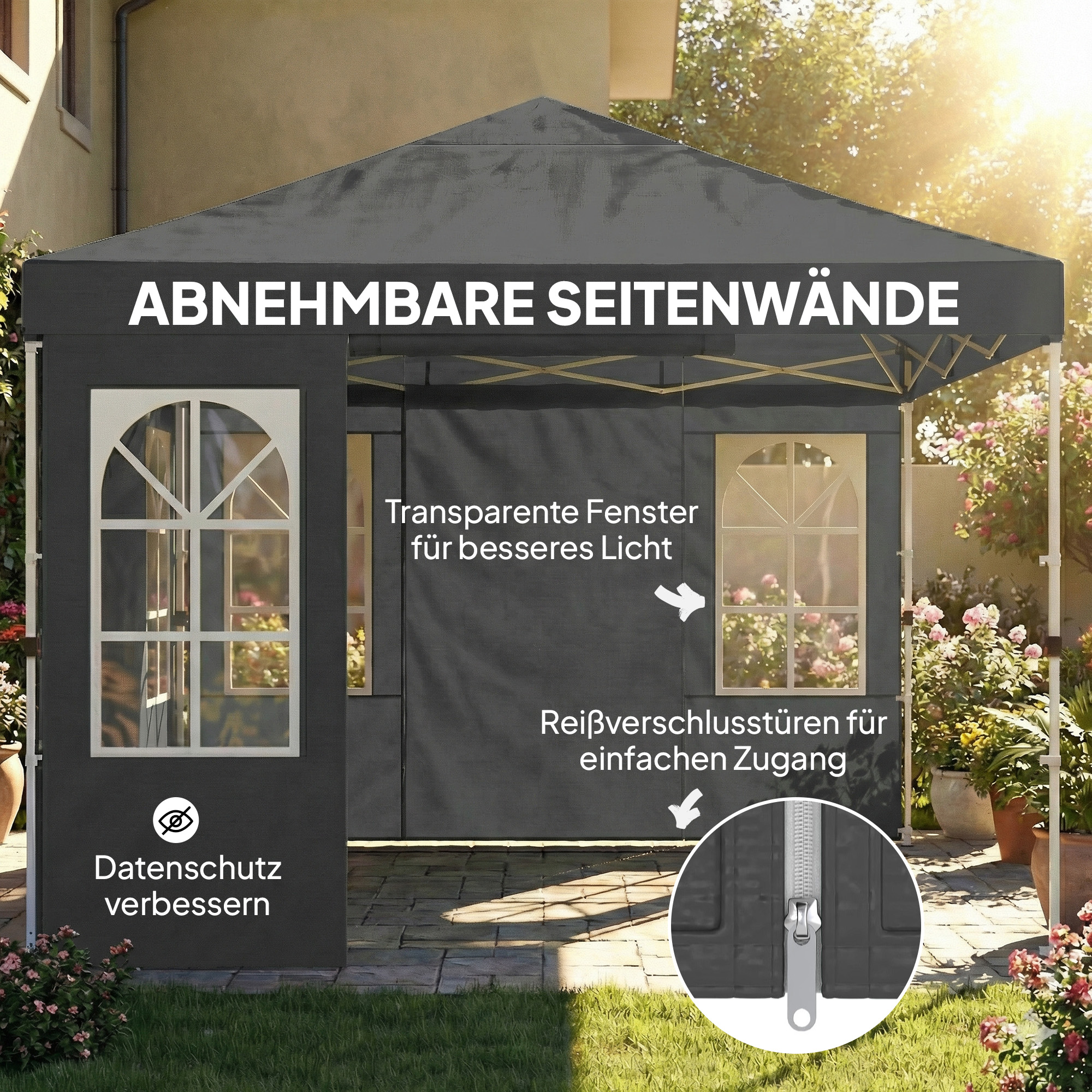 Pavillon 3x3m Wasserdicht Stabil Winterfest Pop-up Faltpavillon, Ein-Knopf-Aufbau, UV 50+ Dunkelgrau
