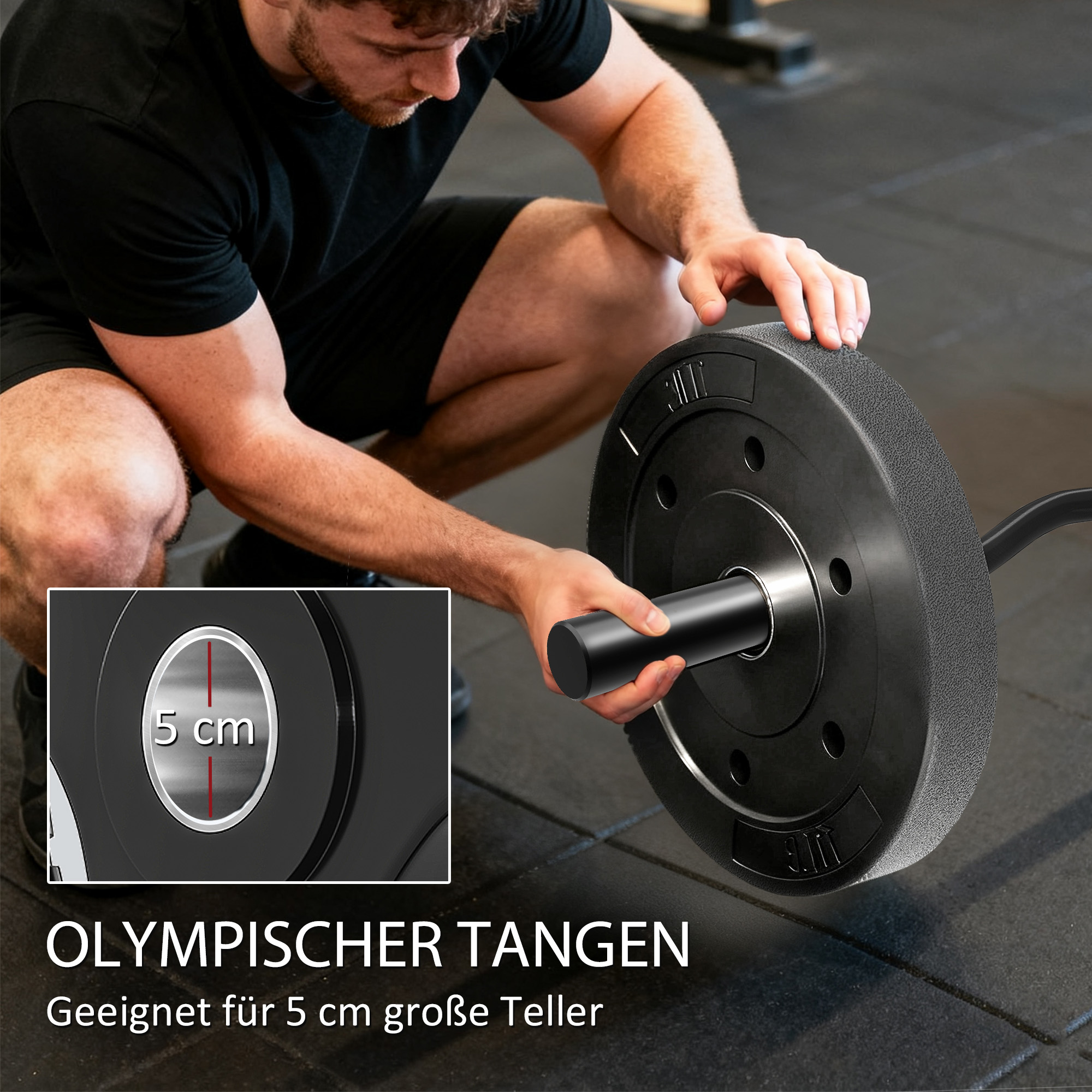 Olympiastange, Gewichthebe-Stange, 5 cm Hülsen, Stahl, 100 kg Tragkraft, Schwarz