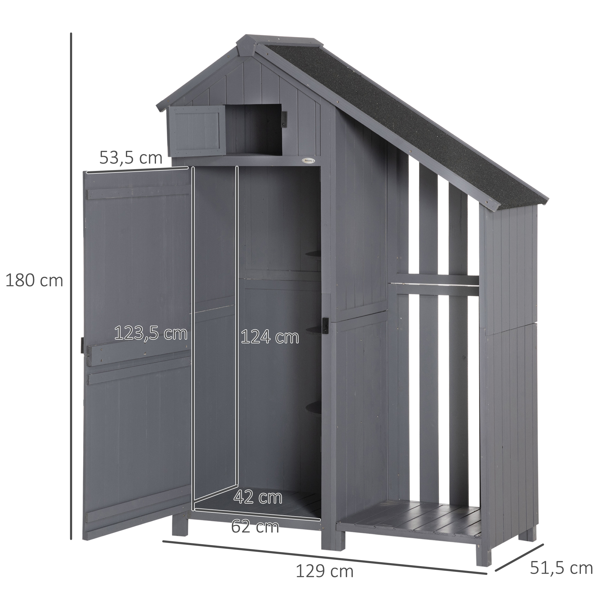 Gartenschrank, offenes Brennholzfach, verriegelbare Tür, wetterfest, Naturholz, 129 x 51,5 x 180cm, grau+schwarz