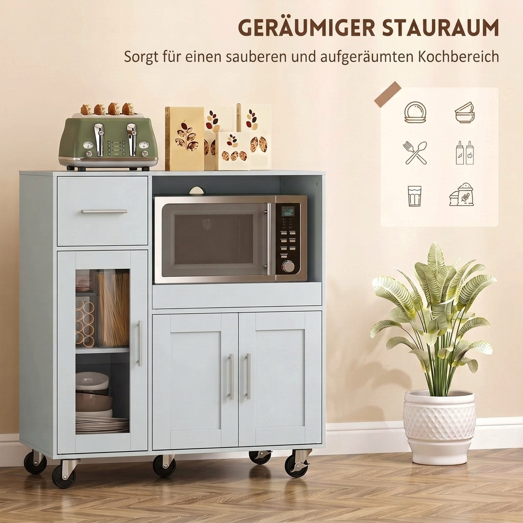Küchenschrank auf Rädern, Mobile Küchenkommode mit Ablagen, Schubladen, verstellbarem Regal, Kabelloch, Grau