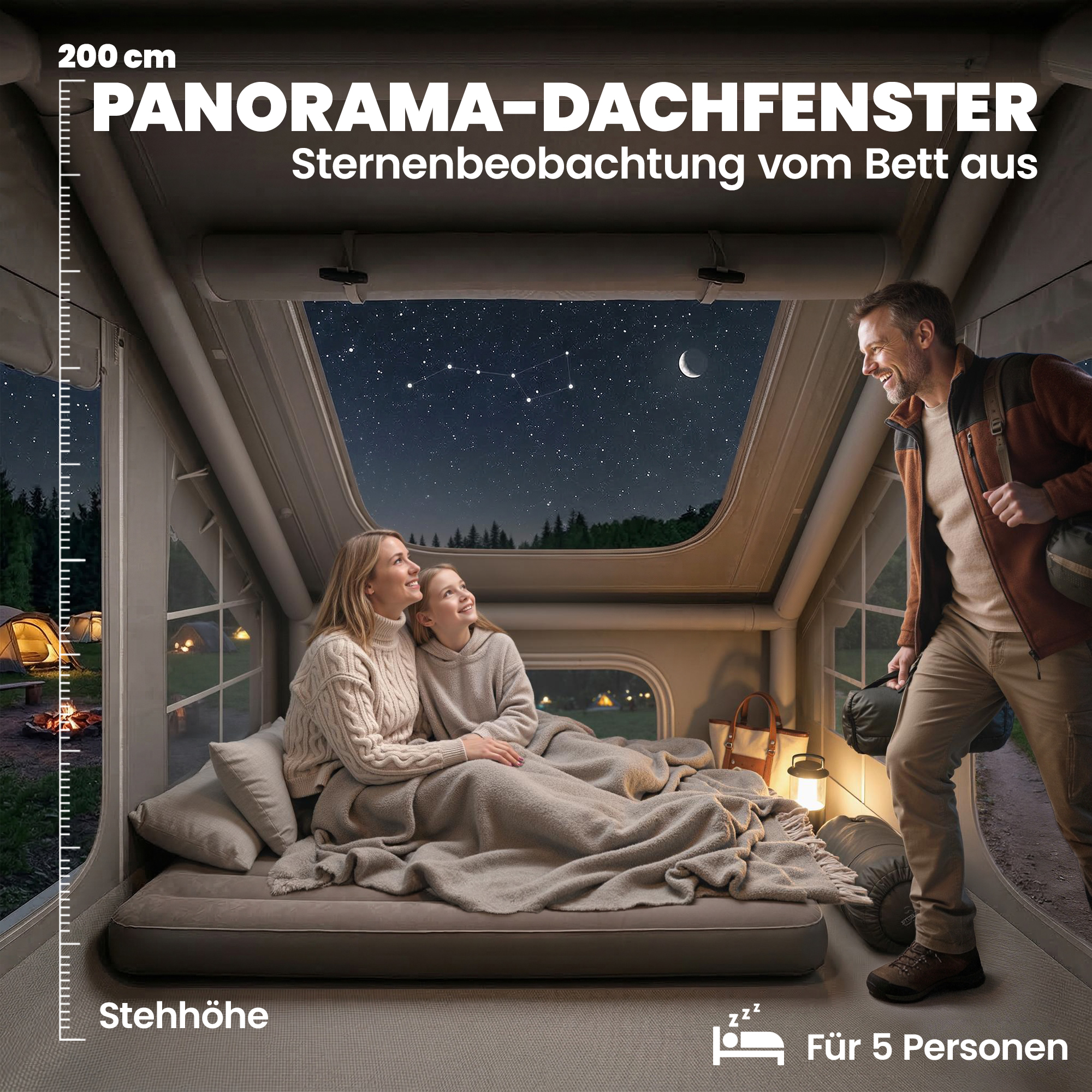 aufblasbares Zelt 5-8 Personen Schneller Aufbau 5000 mm Wasserdicht & Winddicht mit Luftpumpe Kaminöffnung Dachfenster