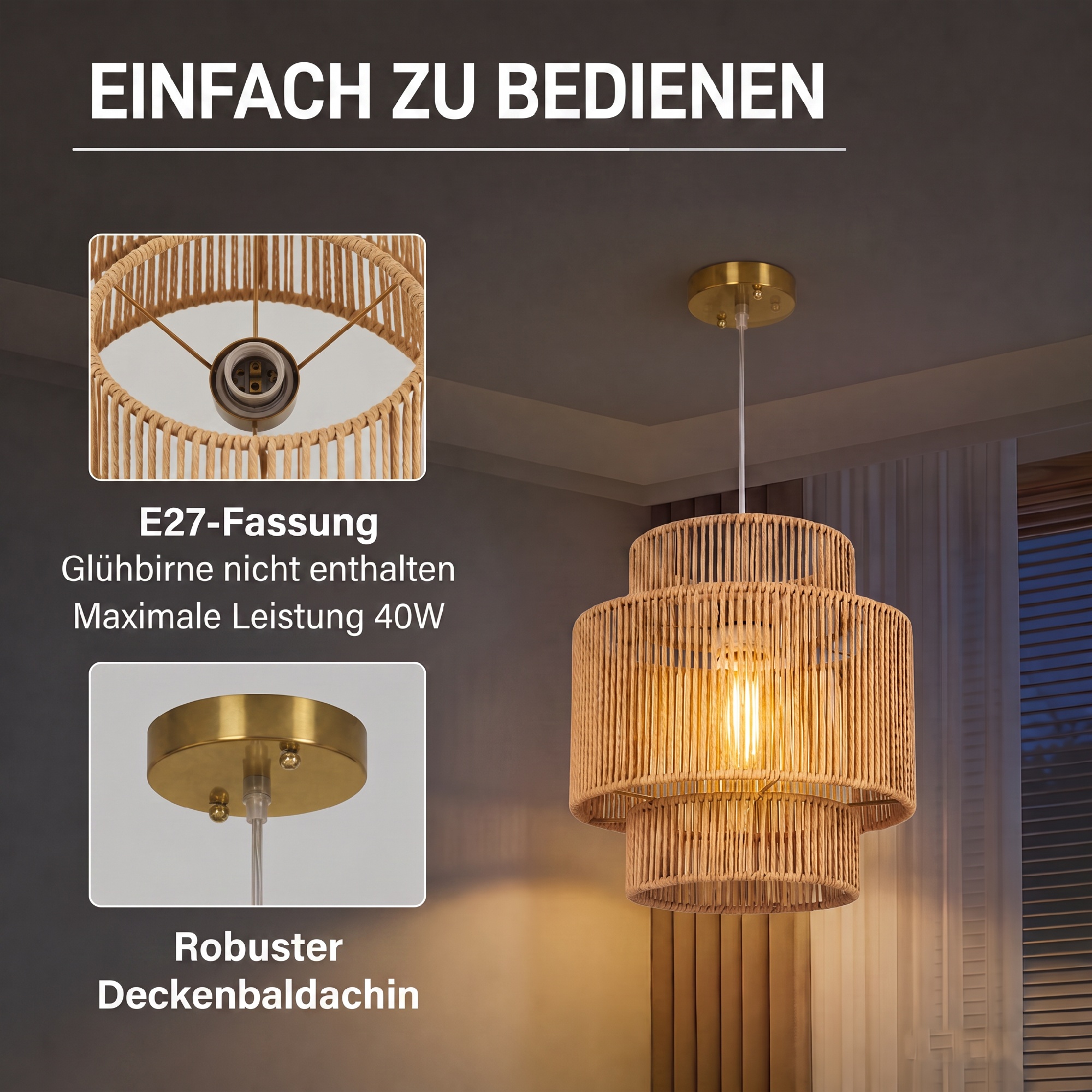 Hängelampe, 3-stufiger Lampenschirm, Metall, Hanfseil, Hellbraun