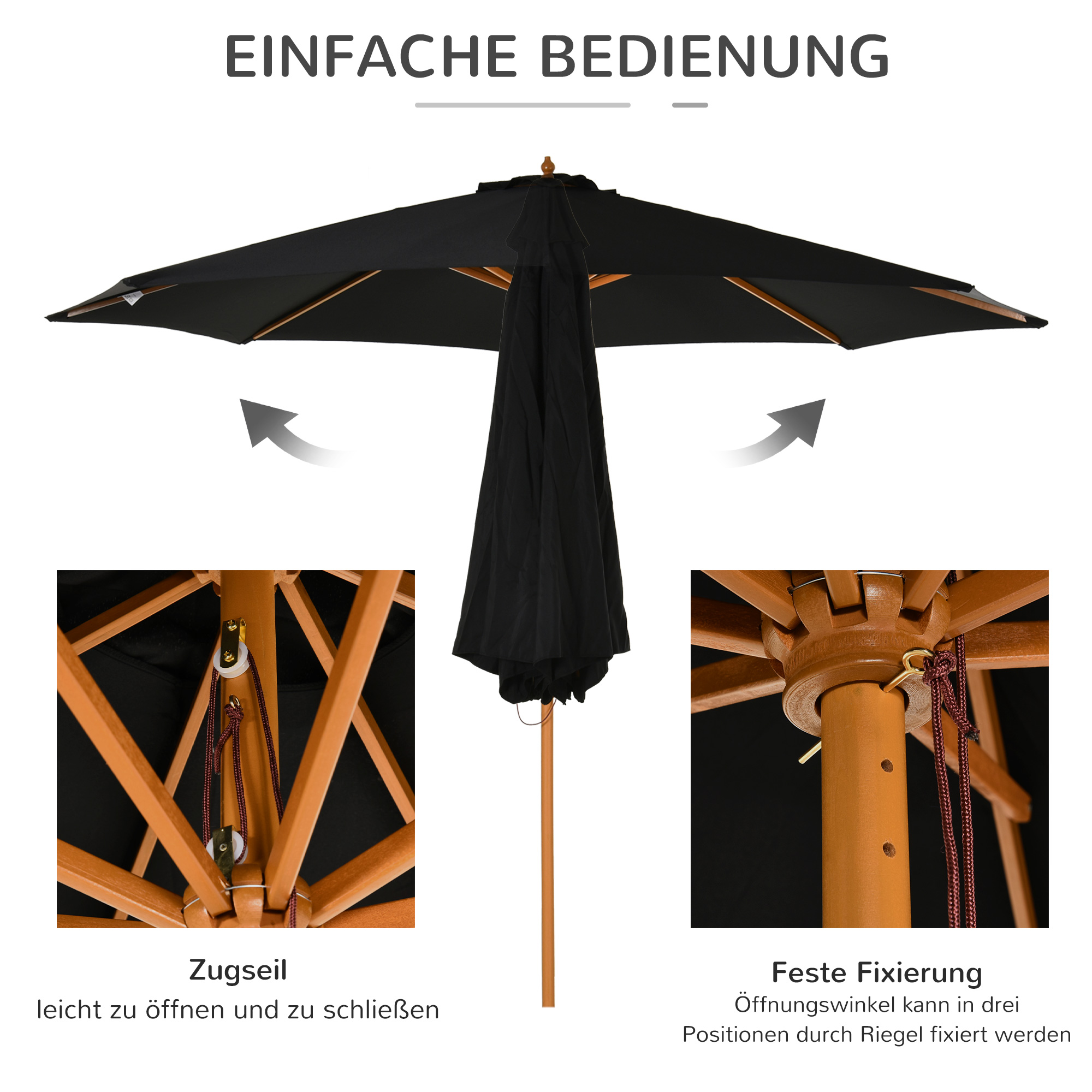 Sonnenschirm Ø 300 cm, Sonnenschirm mit UV Schutz Balkonschirm aus Holz Strandschirm stabil Marktschirm Sonnenschutz für Strand Terrasse Garten, Schwarz
