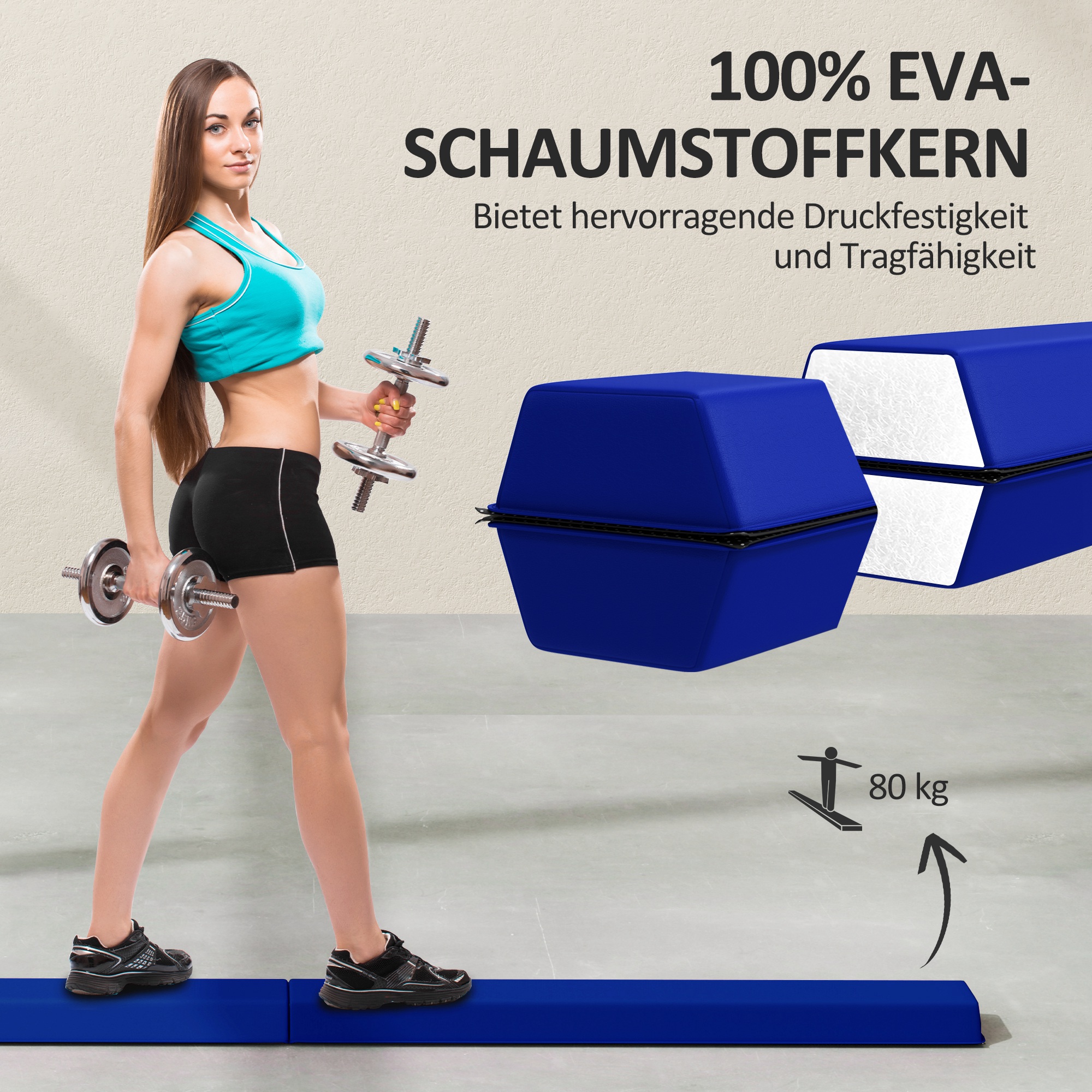 Schwebebalken 2,4 m, faltbar, rutschfester Boden, für 3+ Jahre, bis 80 kg, Blau