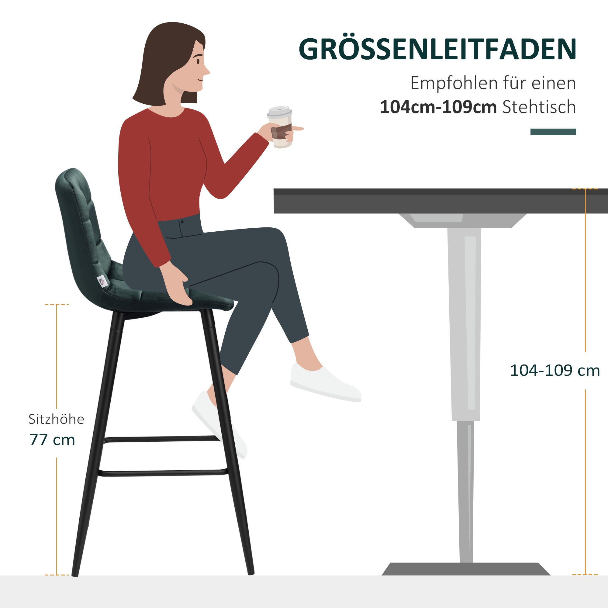 Barhocker 2er-Set, modernes Design, weicher Sitz, Stahlrahmen, 42 x 47 x 105 cm, Grün