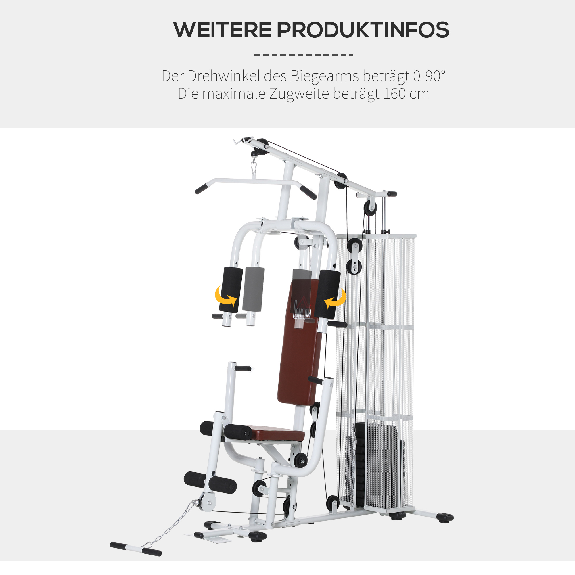 Gym Kraftstation Fitnessstation Multigym Fitnesscenter Fitnessgerät inkl. Gewichten Latzug Beincurl  Metall PU-Kunstleder Weiß 150 x 110 x 210 cm