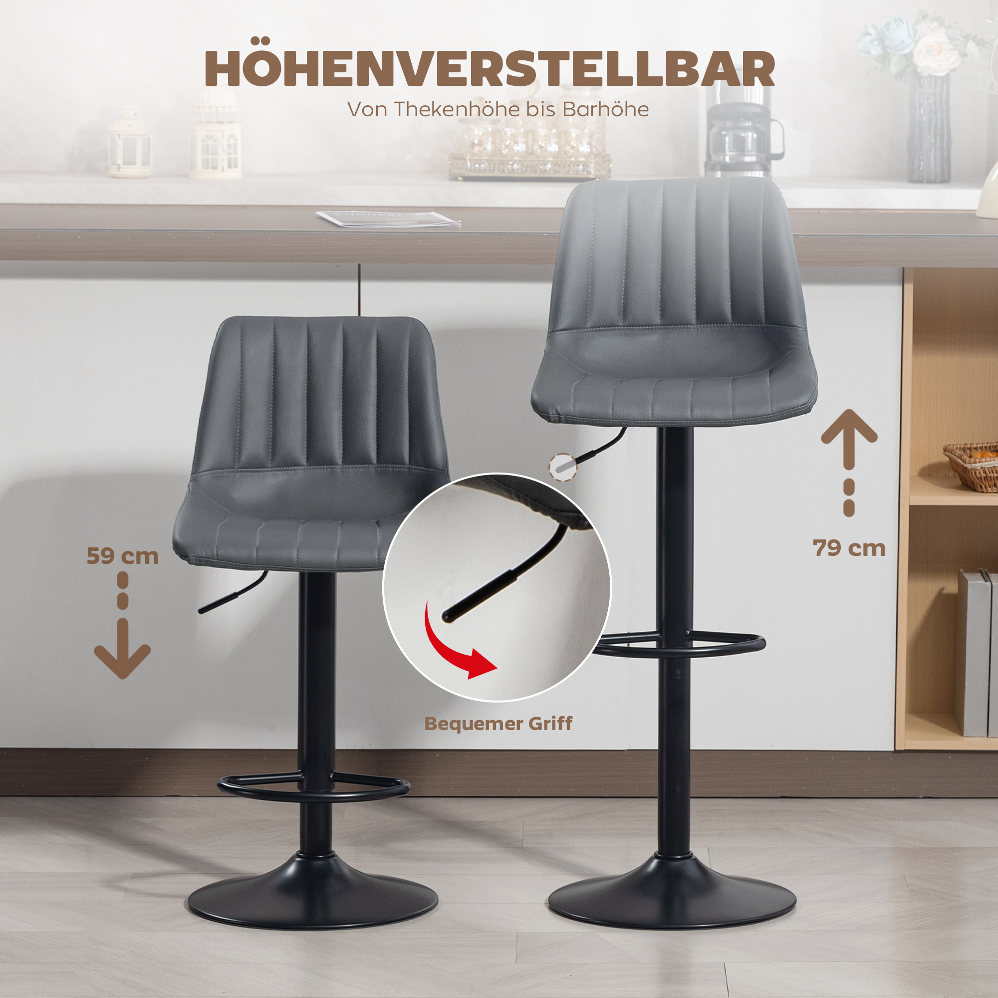 Barhocker 2er-Set im Retrodesign, mit Fußstütze, höhenverstellbar, 43 cm x49,5 cm x 111 cm