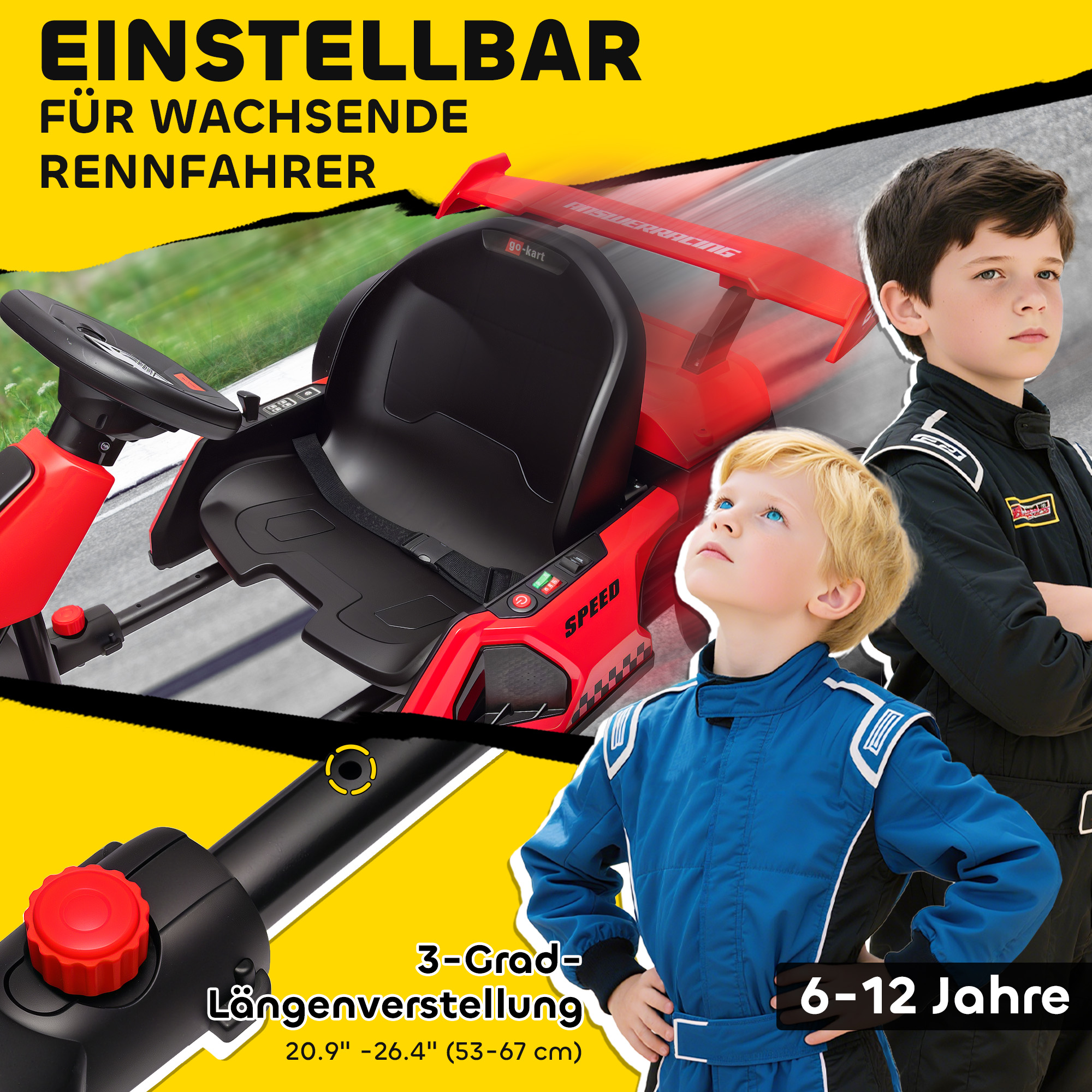Go-Kart für Kinder, Elektro-Kart mit Hupe und Musikfunktion, verstellbarer Sitz, bis 12 km/h, Kunststoff, Metall, Rot