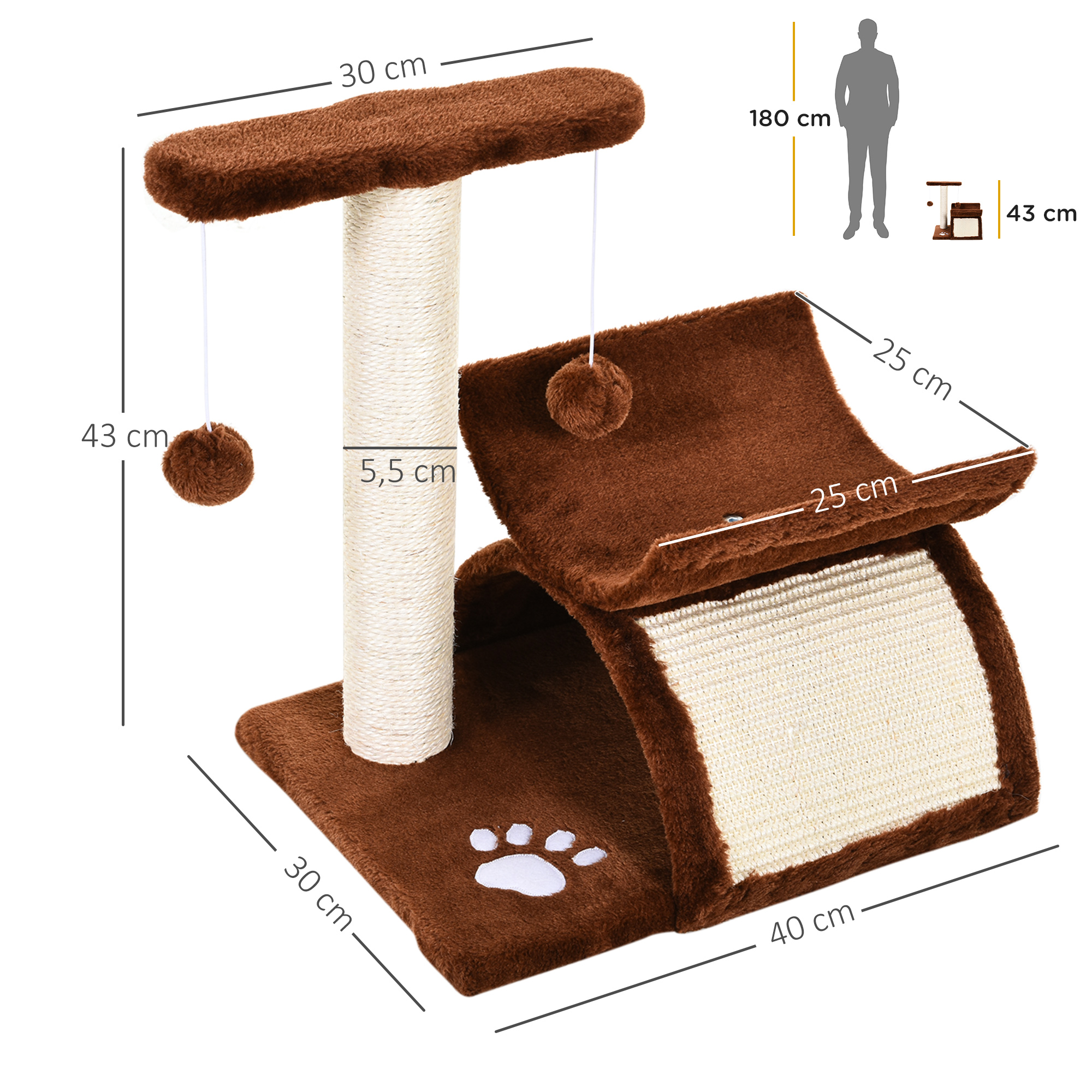 Kratzbaum 43 cm Kleiner Katzenbaum mit Tunnel, U-förmige Liegefläche, Katzenkratzbaum mit Kratzbrett, Spielball, Katzenmöbel für kleine Katzen, Braun