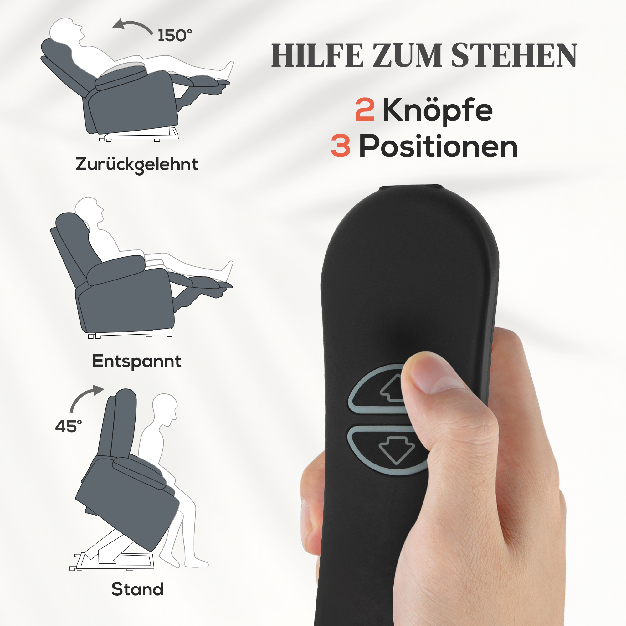 Aufstehsessel mit weichem Cordbezug, Recliner-Sessel mit Fernbedienung und Seitentaschen, Dunkelgrau