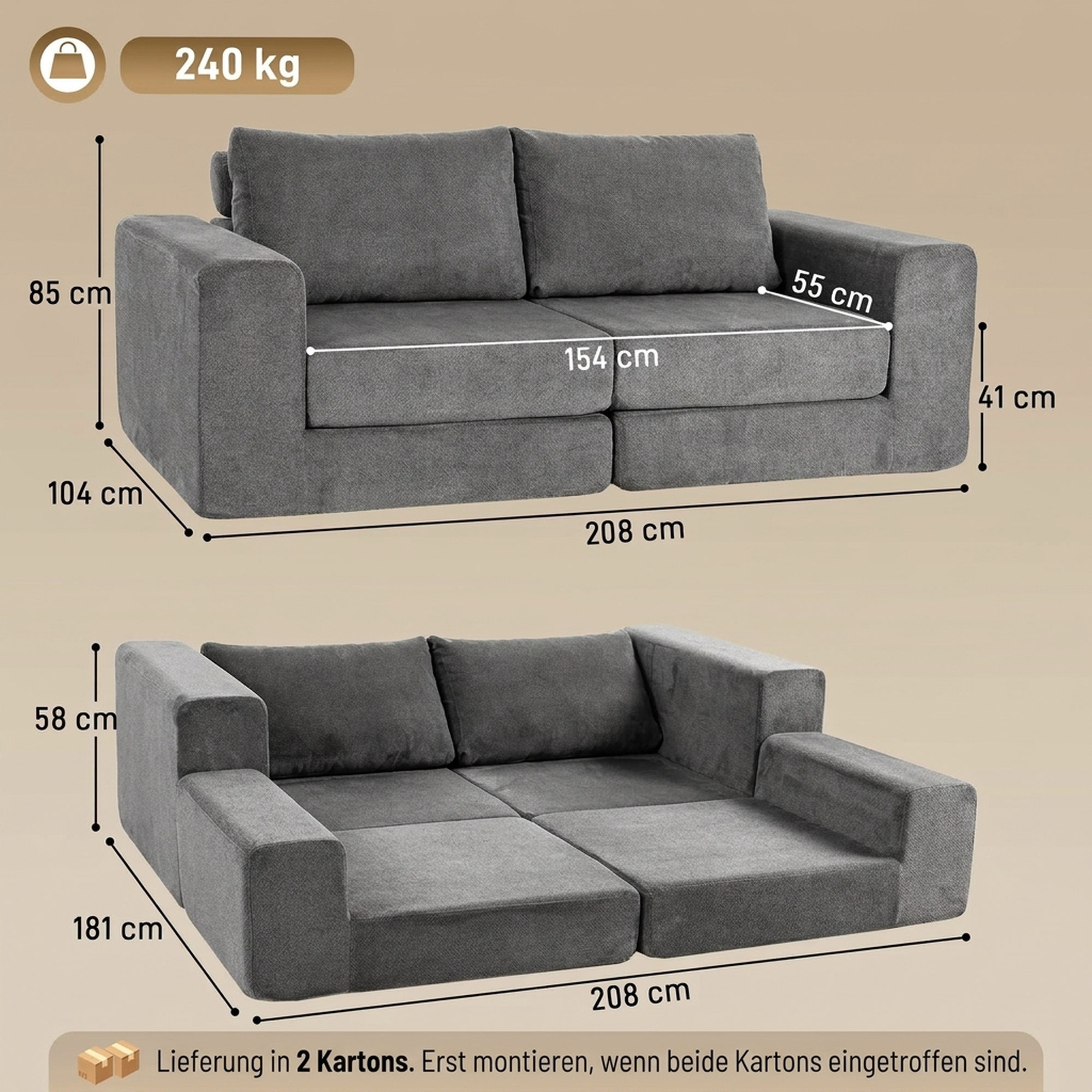 Schlafsofa 4-in-1 Schlaffunktion ausziehbar Klappsofa Kissen 2 Sitzer Grau