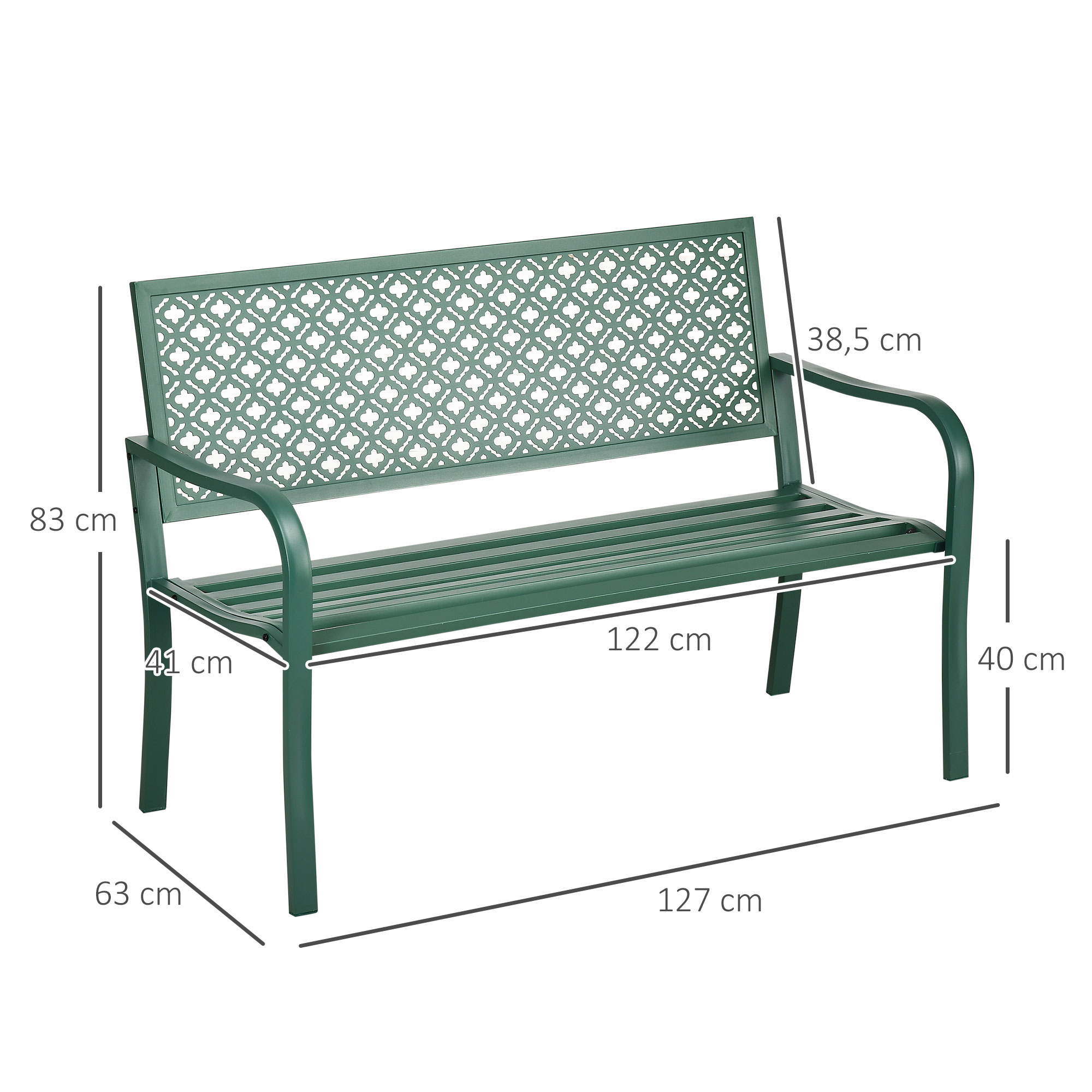 Gartenbank aus Metall, 2-Sitzer, wetterbeständig, 127 cm x 63 cm x 83 cm, Grün