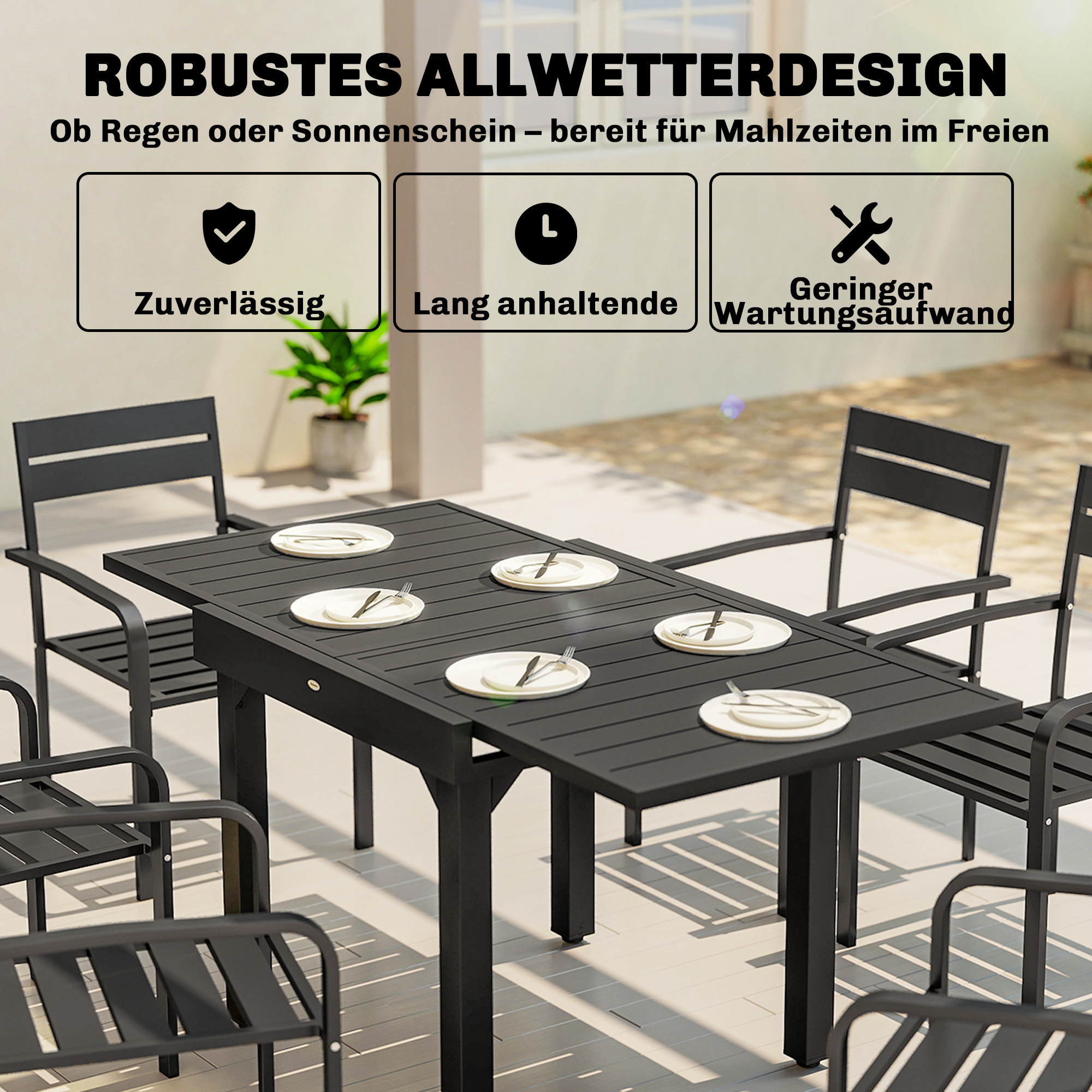 Gartentisch Ausziehbarer 80/160 x 80 cm Aluminium Esstisch für 4-6 Personen, Rechteckig mit Lamellenplatte