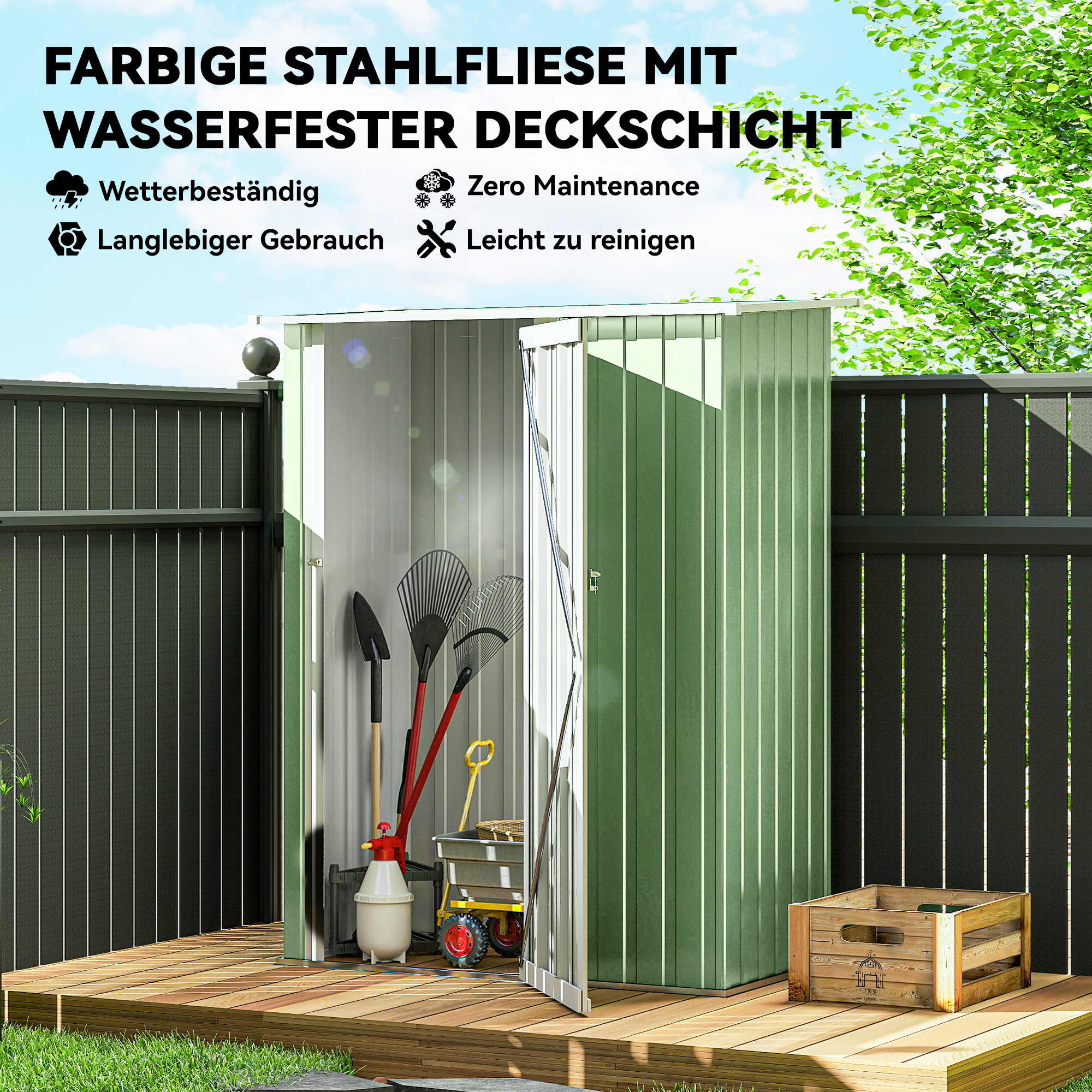 Metall Gerätehaus 1,07 m² 142 x 86 x 189 cm Geräteschuppen mit Pultdach Abschließbarer Tür, wetterfest Gartenhaus Outdoor Garten Schuppen für Hinterhof Außenbereich Grün