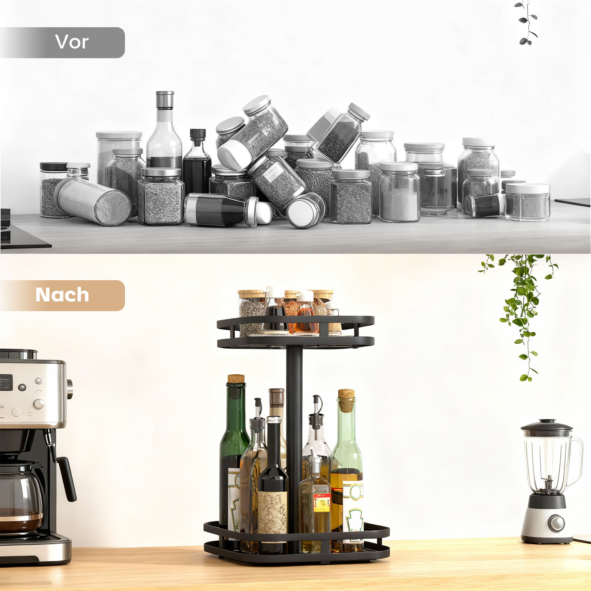 Drehbares Gewürzregal, 2-stufiges Design, Saugfüße, Metall, Schwarz