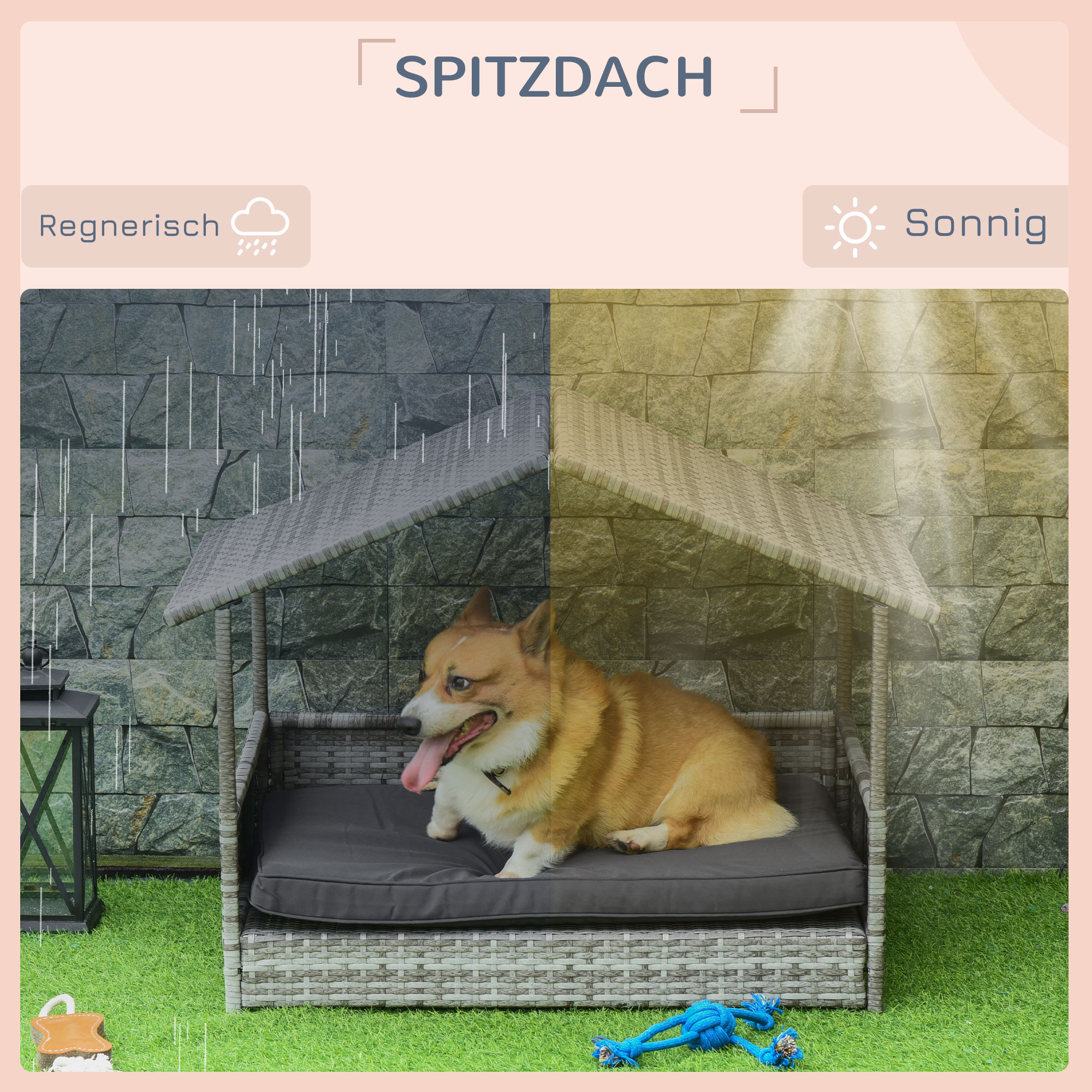 Hundehütte Haustierbett Hundekorb, wetterbeständig, abnehmbares Poster, Grau