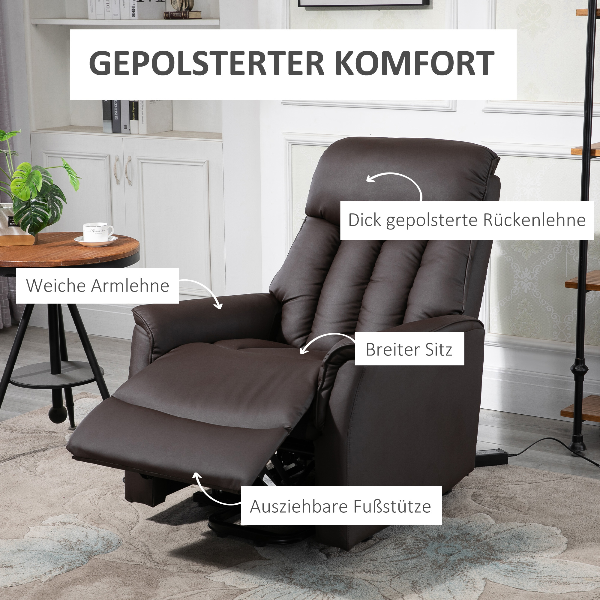 Relaxsessel Elektrisch Fernsehsessel mit Aufstehhilfe, Liegefunktion, TV Sessel mit Fußteil, Seitentasche, Fernbedienung, für Wohnzimmer, bis 150 kg, Kunstleder, Braun