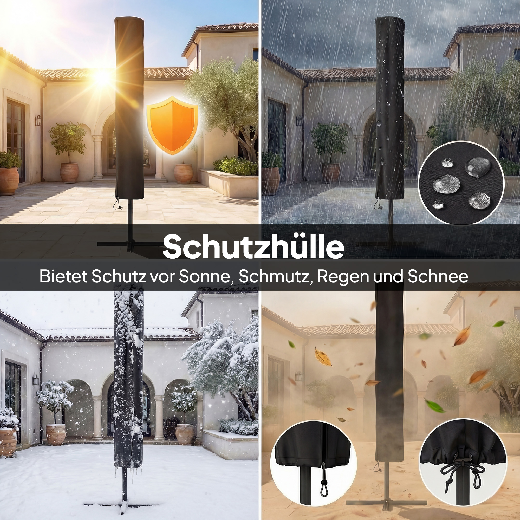 Sonnenschirm LED Solar ca. 300 x 200 cm knickbar Balkonschirm mit Kurbel Schutzhülle, UV Schutz, Drehbar Marineblau