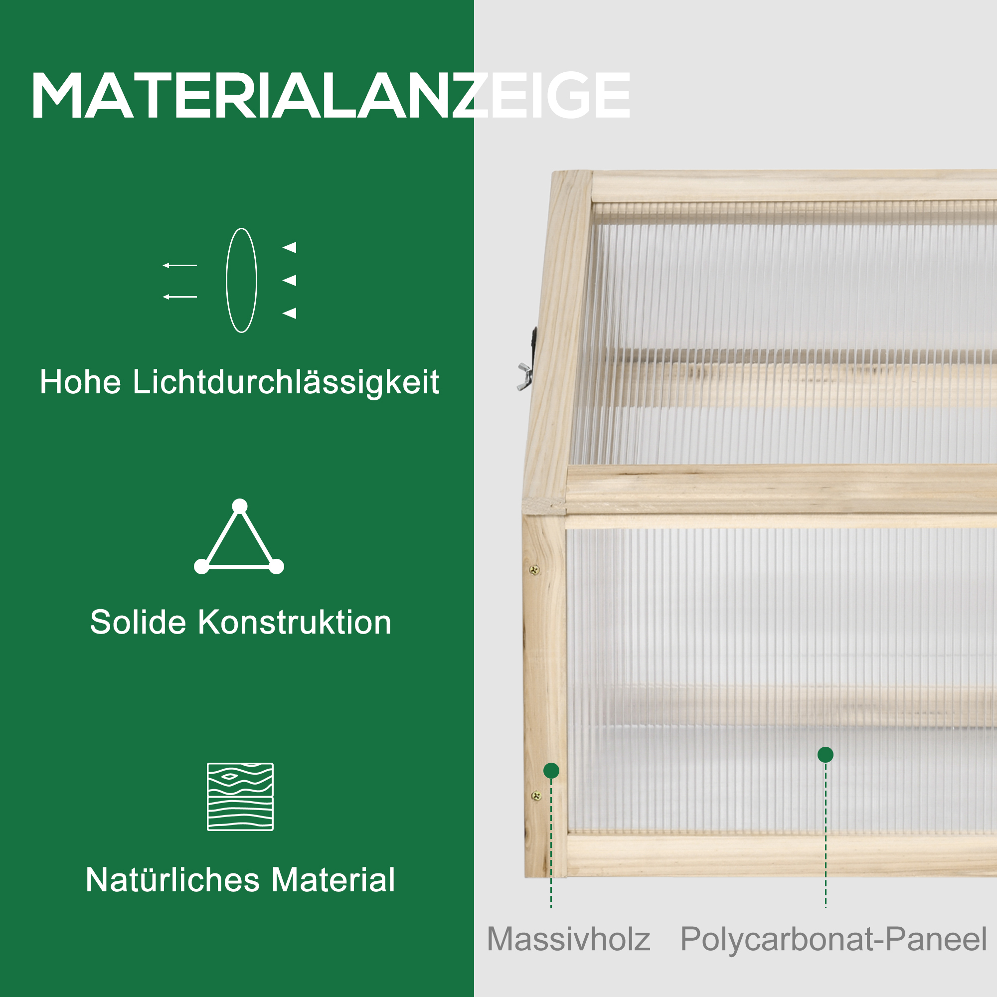 Mini-Gewächshaus, Kompaktes Pflanzenhaus aus Holz, Polycarbonat-Platten, Belüftungsöffnung, 90L x 52B x 49,5H cm, Natur