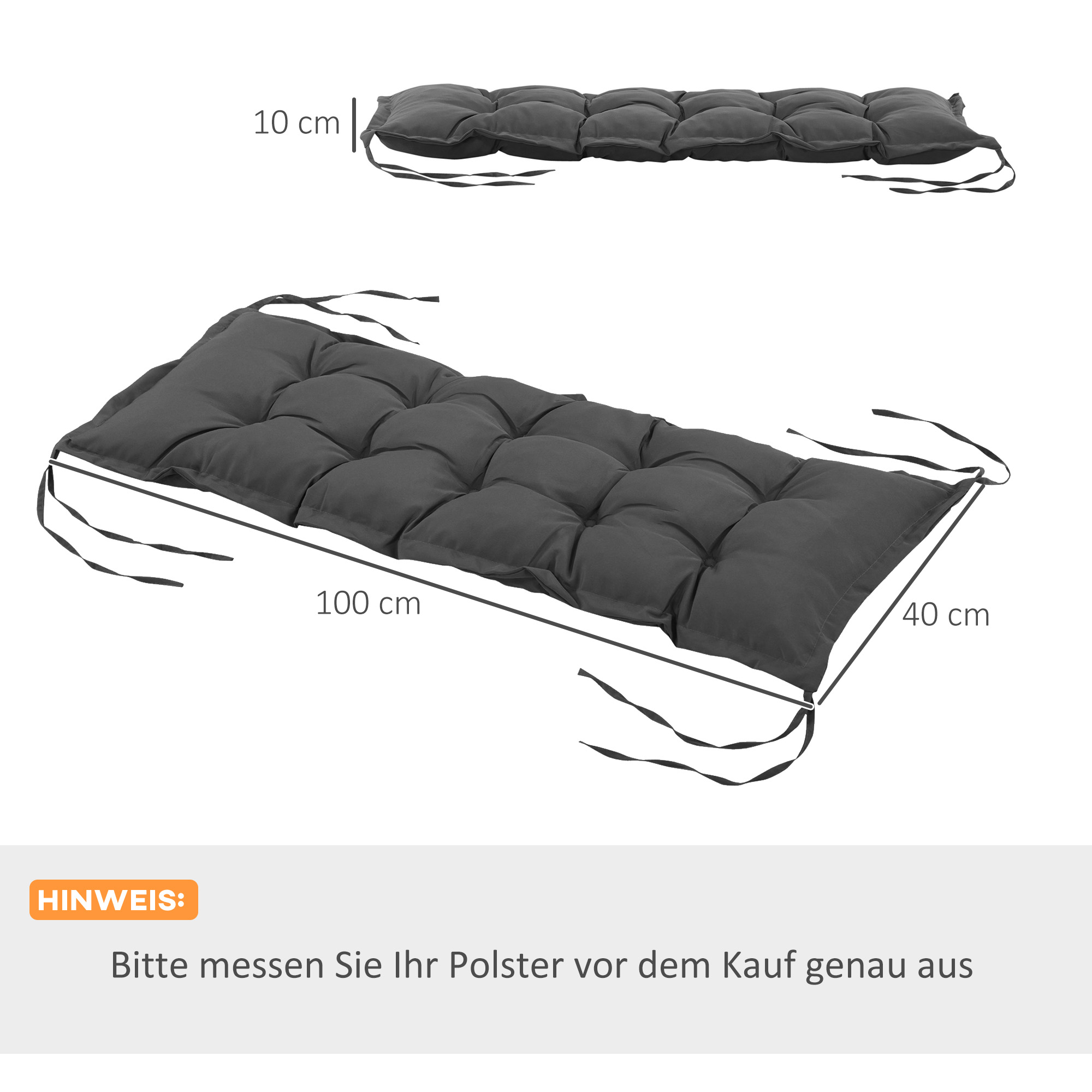 Sitzkissen 100x40 cm Stuhlkissen mit Bindebänder, 10cm dick Polsterauflage Dunkelgrau