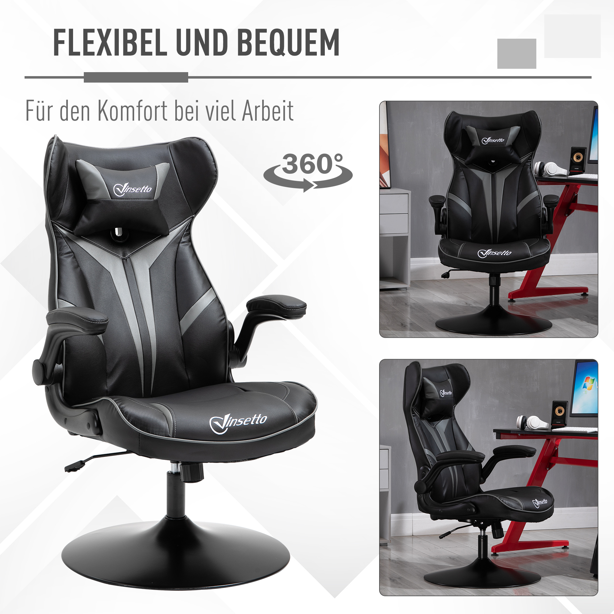 Gaming Stuhl ergonomischer Computerstuhl mit Wippfunktion Drehstuhl höhenverstellbar Stahl Schwarz+Grau 67 x 70 x 106-112 cm