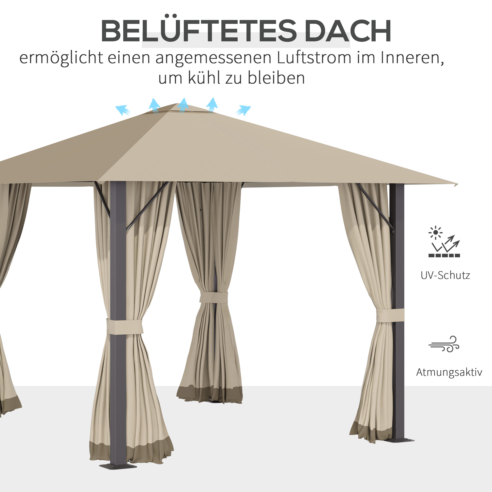 Gartenpavillon Pavillon 3 x 3 m Gartenzelt Dach mit Belüftungslöcher Festzelt Partyzelt mit 4 x Seitenteile wetterfest Aluminium Polyester khaki