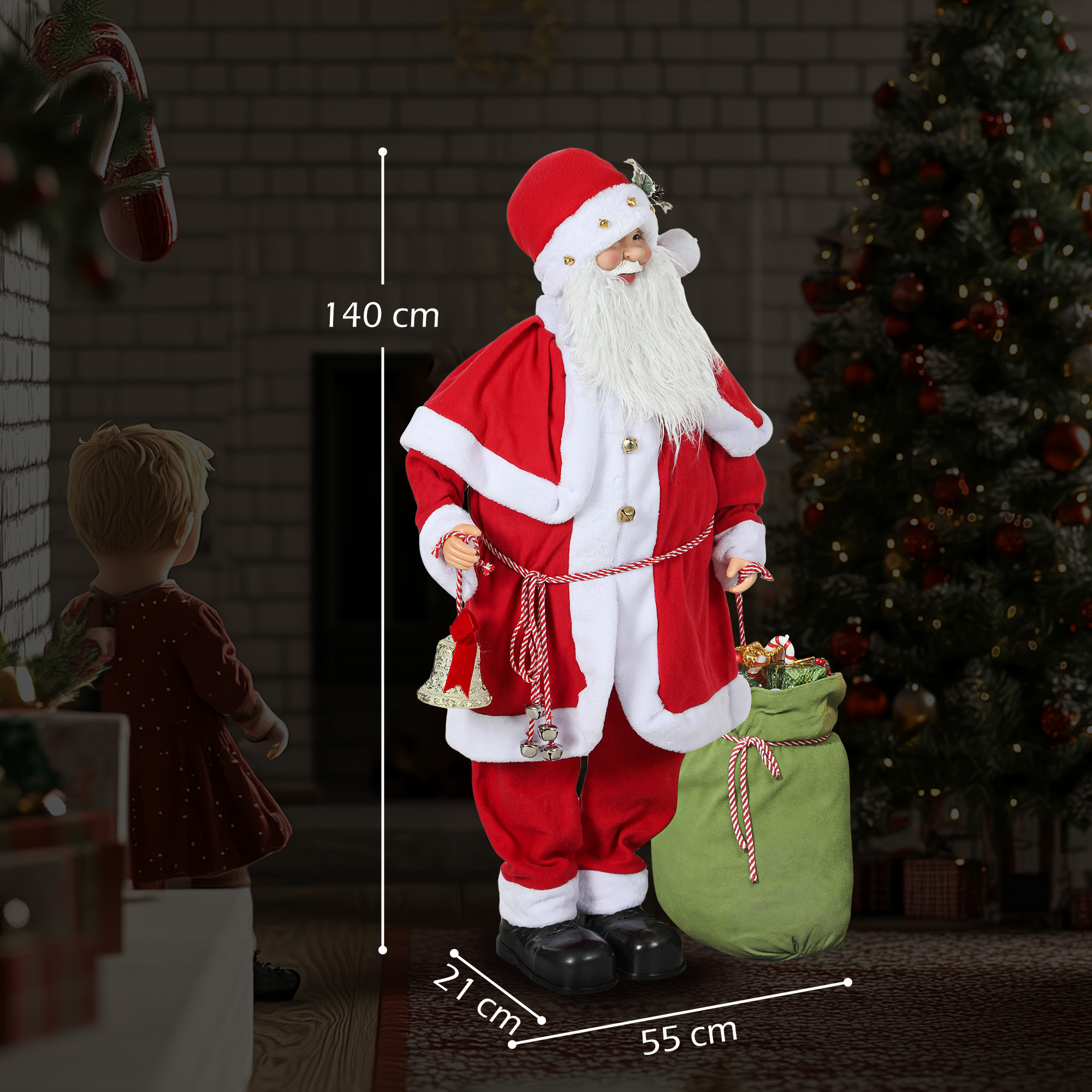 Weihnachtsmannfigur, beweglich, mit Geräuschsensor, Lachen & Musik, 140 cm, Rot
