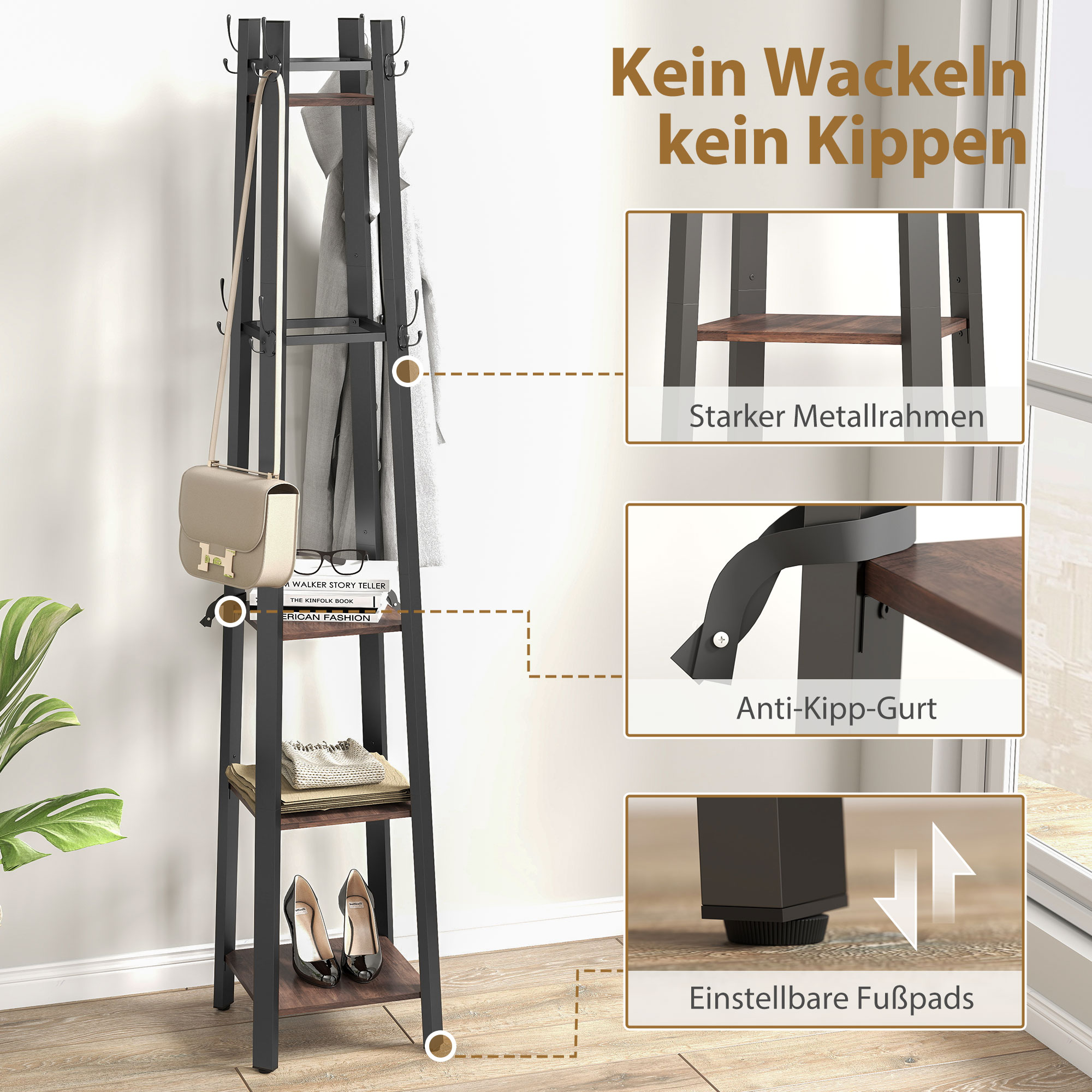 Garderobenständer mit 4 Ebenen, freistehender Kleiderständer, 8 Haken, 4 Regale, Industrie-Stil, Metall, Spanplatte, Braun