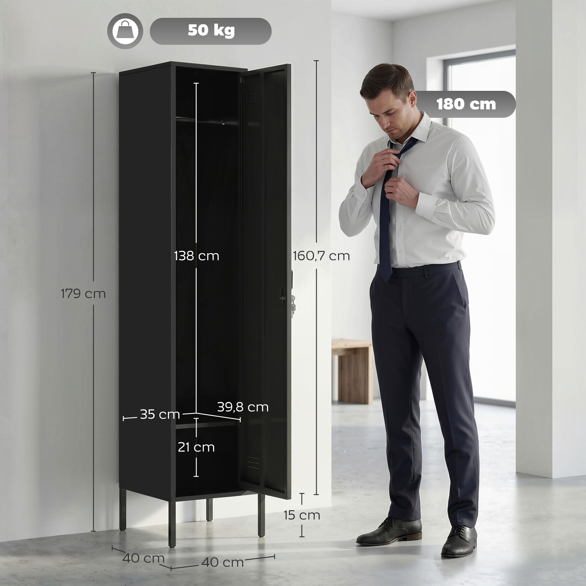 Metallspind mit abschließbarer Tür und Kleiderstange, einzelner Stahlspind für Zuhause oder Büro, Schwarz