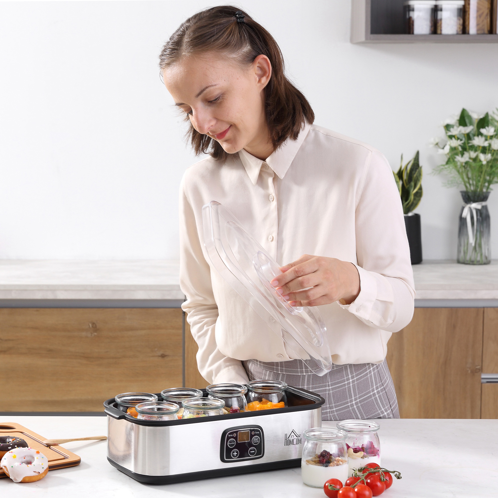 Joghurtbereiter Griechische Joghurtmaschine mit Deckel, 8 BPA-freier Glas-Innenbehälter à 180 ml, Joghurt Maker mit LCD Display Timer, für bis zu 1,4 Liter Joghurt 25 W Silber