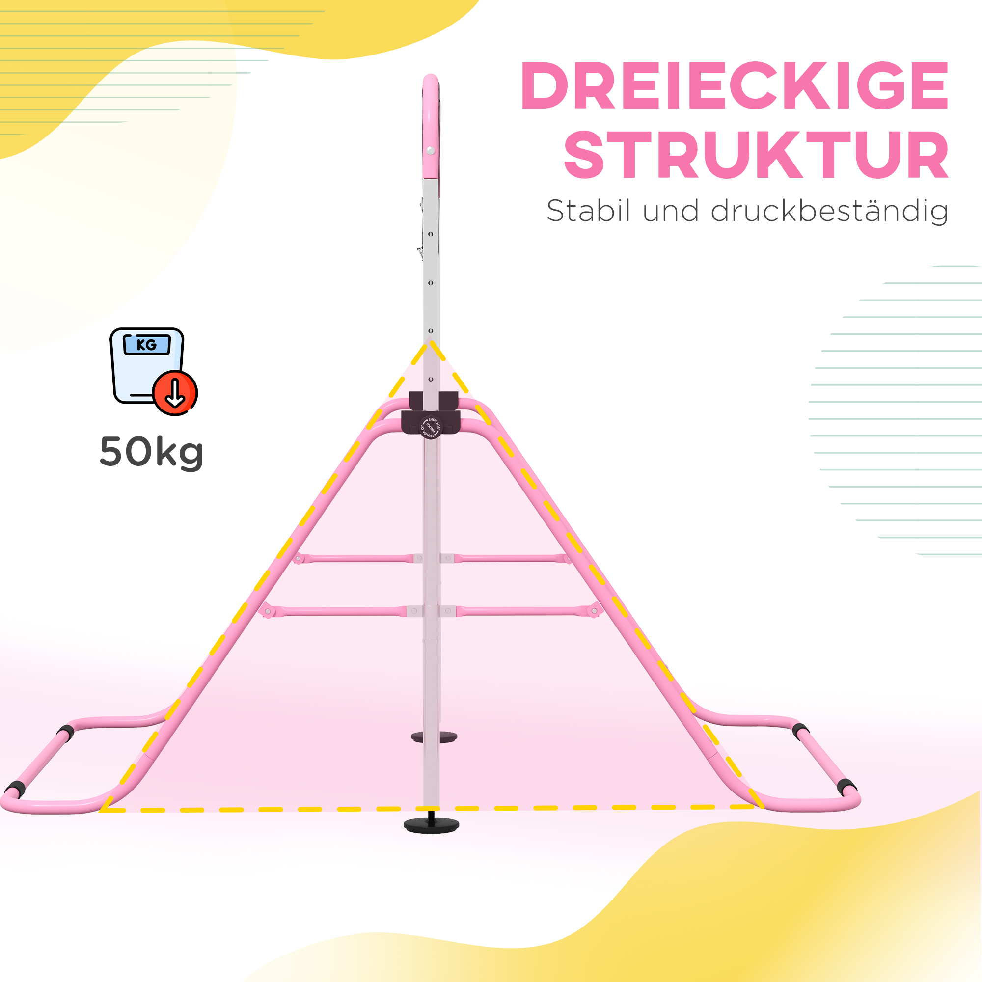 Kinder-Turnbarren mit Ringen, höhenverstellbar, klappbar, rutschfest, Stahlrahmen, 148x105x88-128 cm, Pink