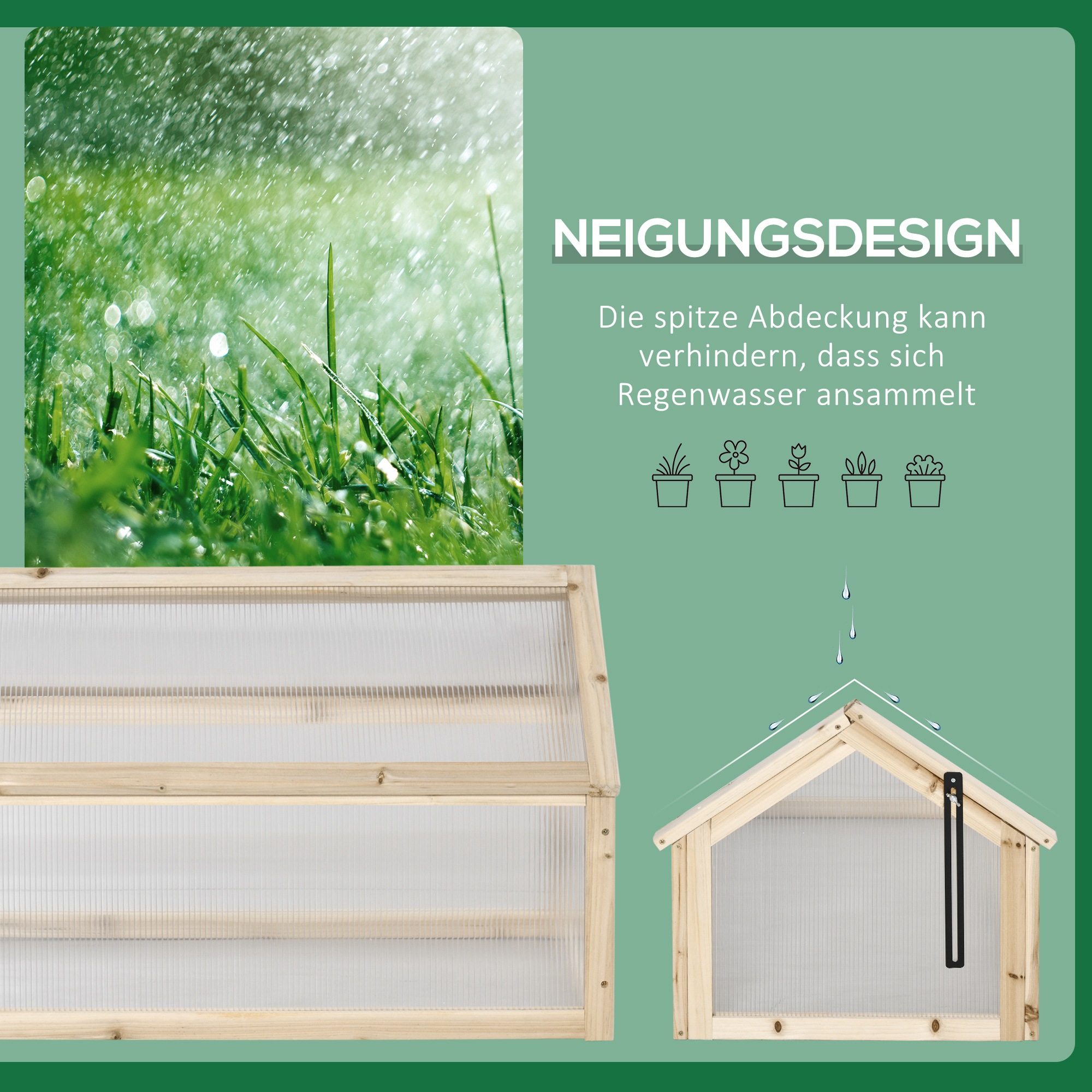Mini-Gewächshaus, Kompaktes Pflanzenhaus aus Holz, Polycarbonat-Platten, Belüftungsöffnung, 90L x 52B x 49,5H cm, Natur