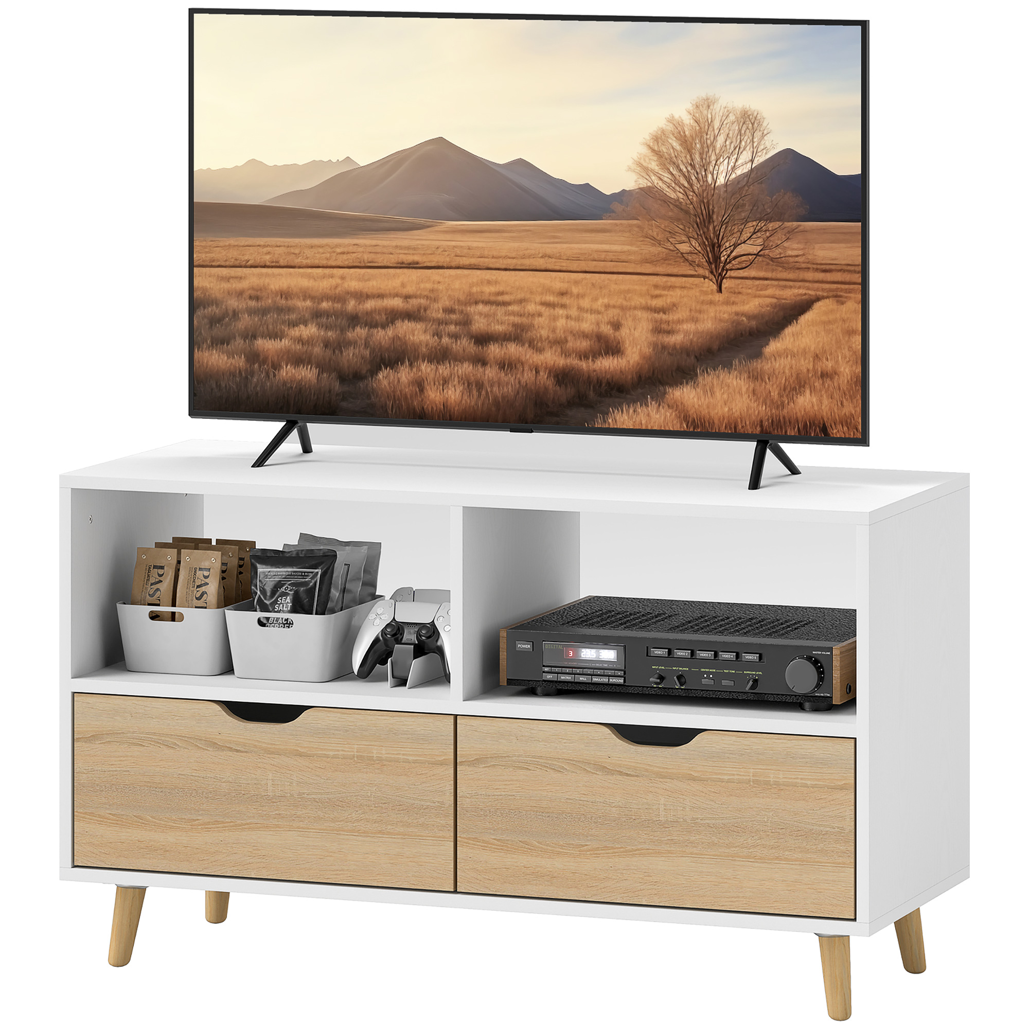 TV-Schrank, TV-Kommode mit Schubladen, Offene Regale, Holz, 99 x 39 x 58 cm, Weiß