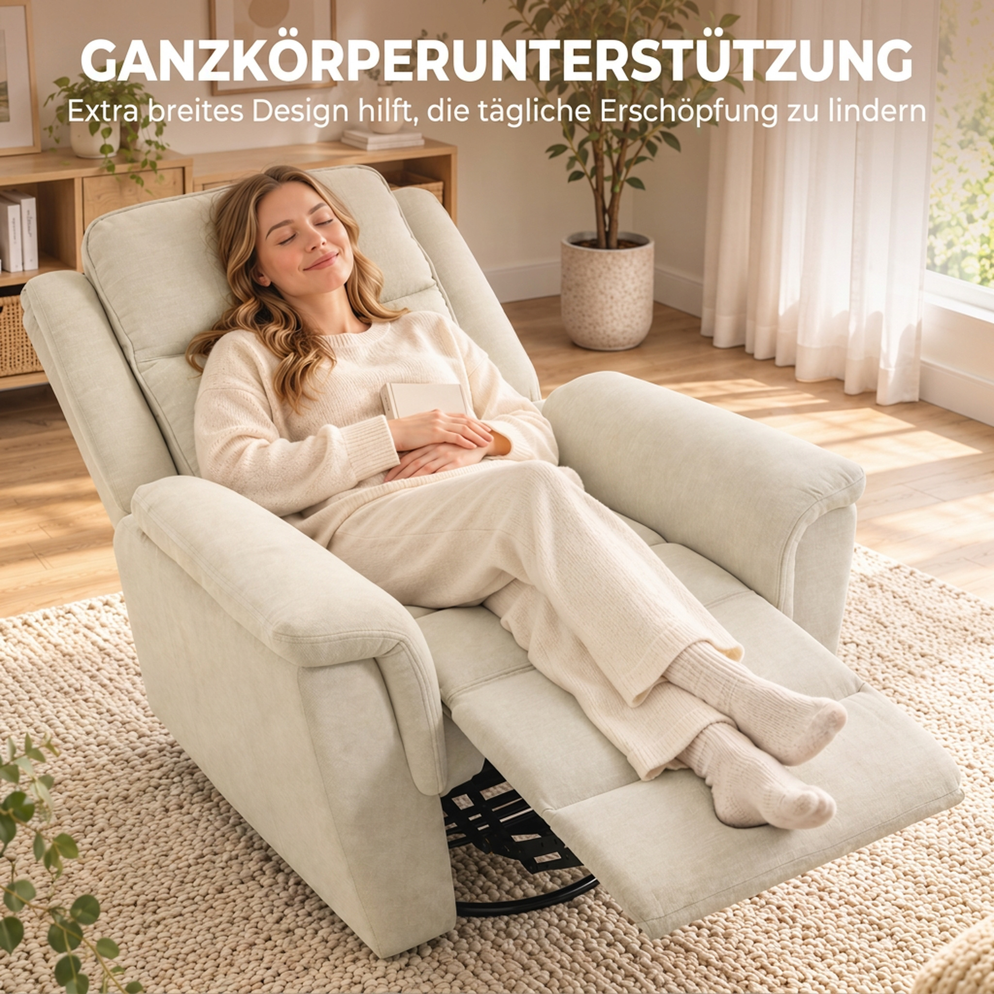 Relaxsessel mit Liegefunktion und Wippfunktion Fernsehsessel mit Fußstütze in Cremeweiß