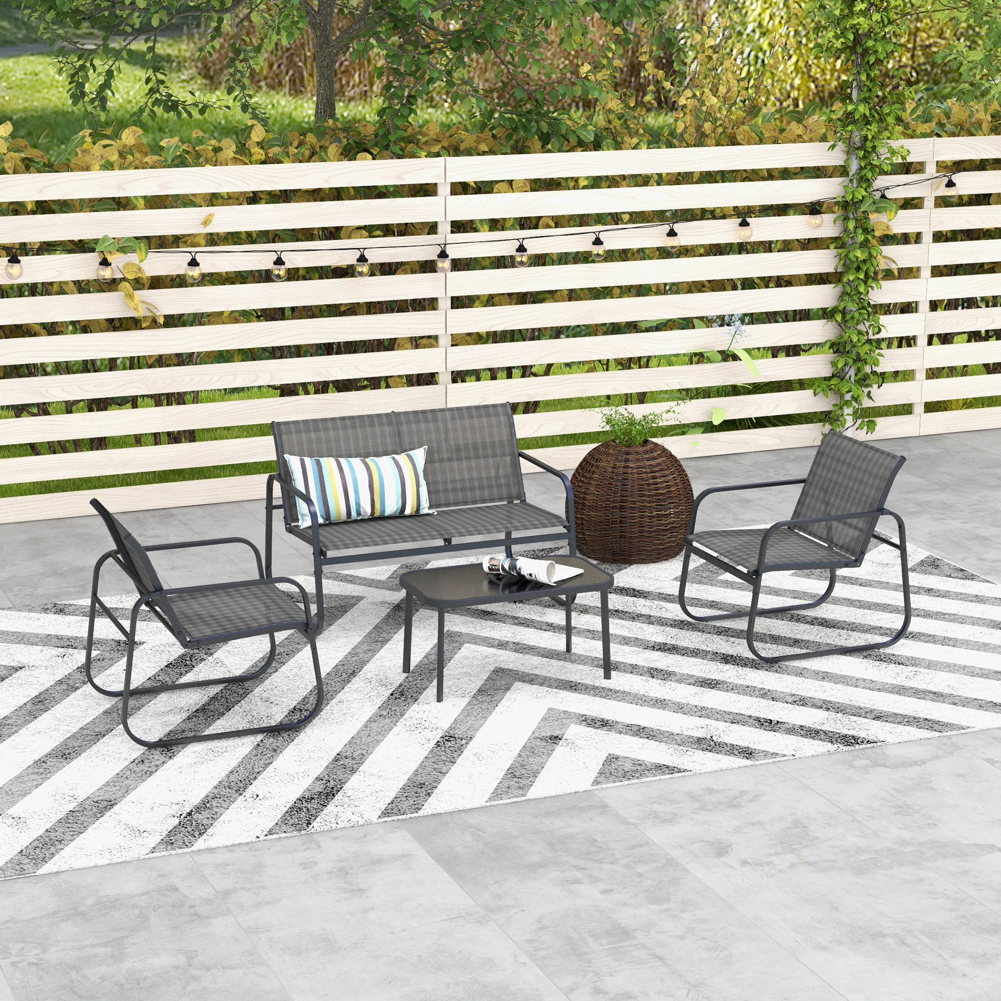 4-teilige Gartengarnitur, 2 Sessel, 2-Sitzer-Sofa, Tisch mit Glasplatte, atmungsaktiver Stoff, Metallrahmen, Schwarz