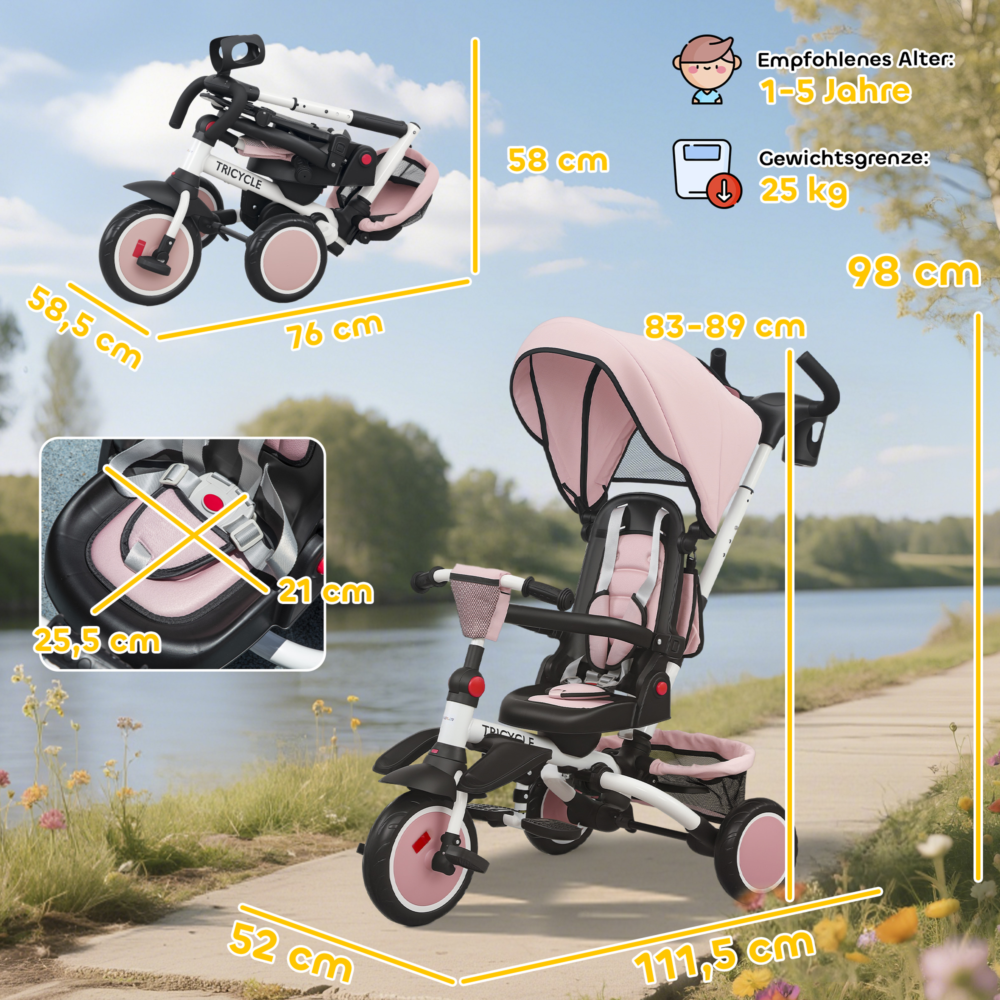 Kinderdreirad, 6-in-1 Buggy für Kleinkinder, mit Schiebegriff, verstellbarer Sitz, faltbares Design, Sicherheitsnetz