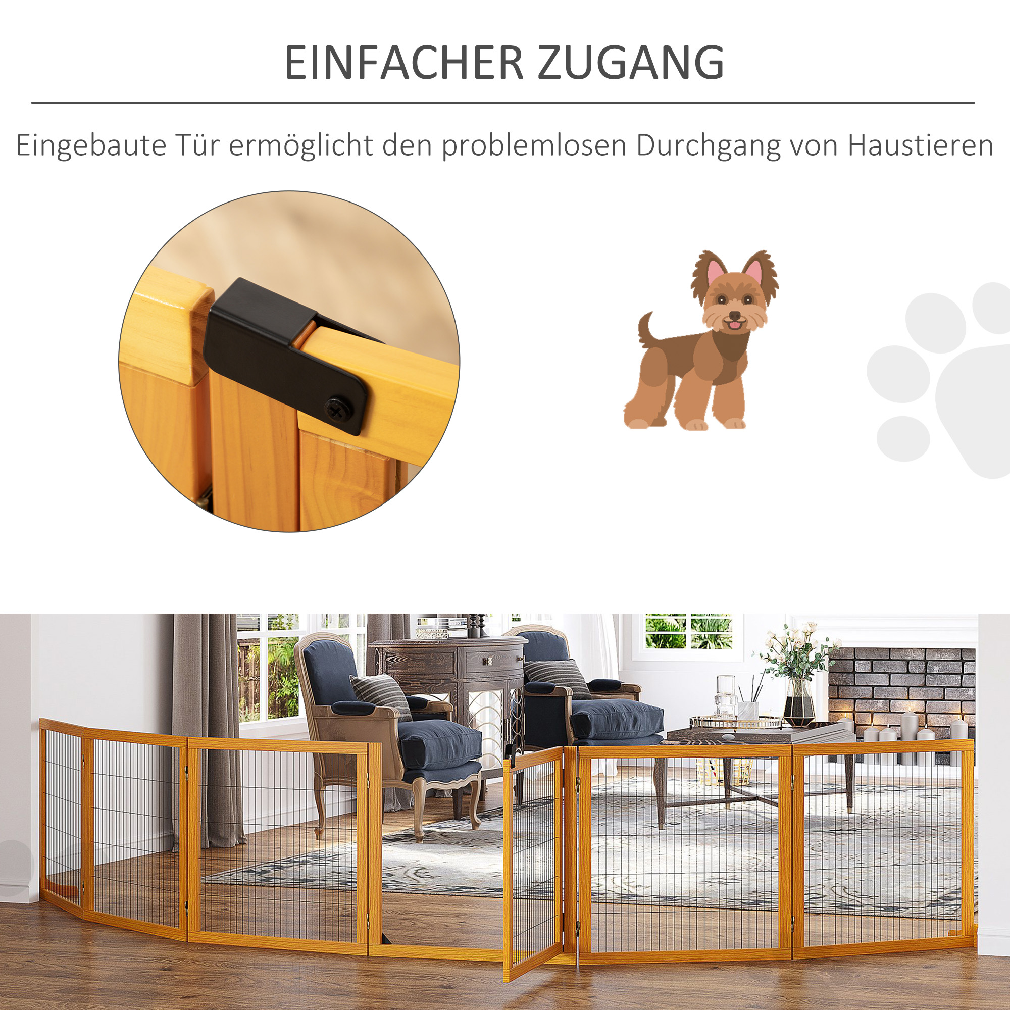 Absperrgitter für Hunde, klappbar, 432 x 36 x 70 cm, Kiefernholz, Gelb
