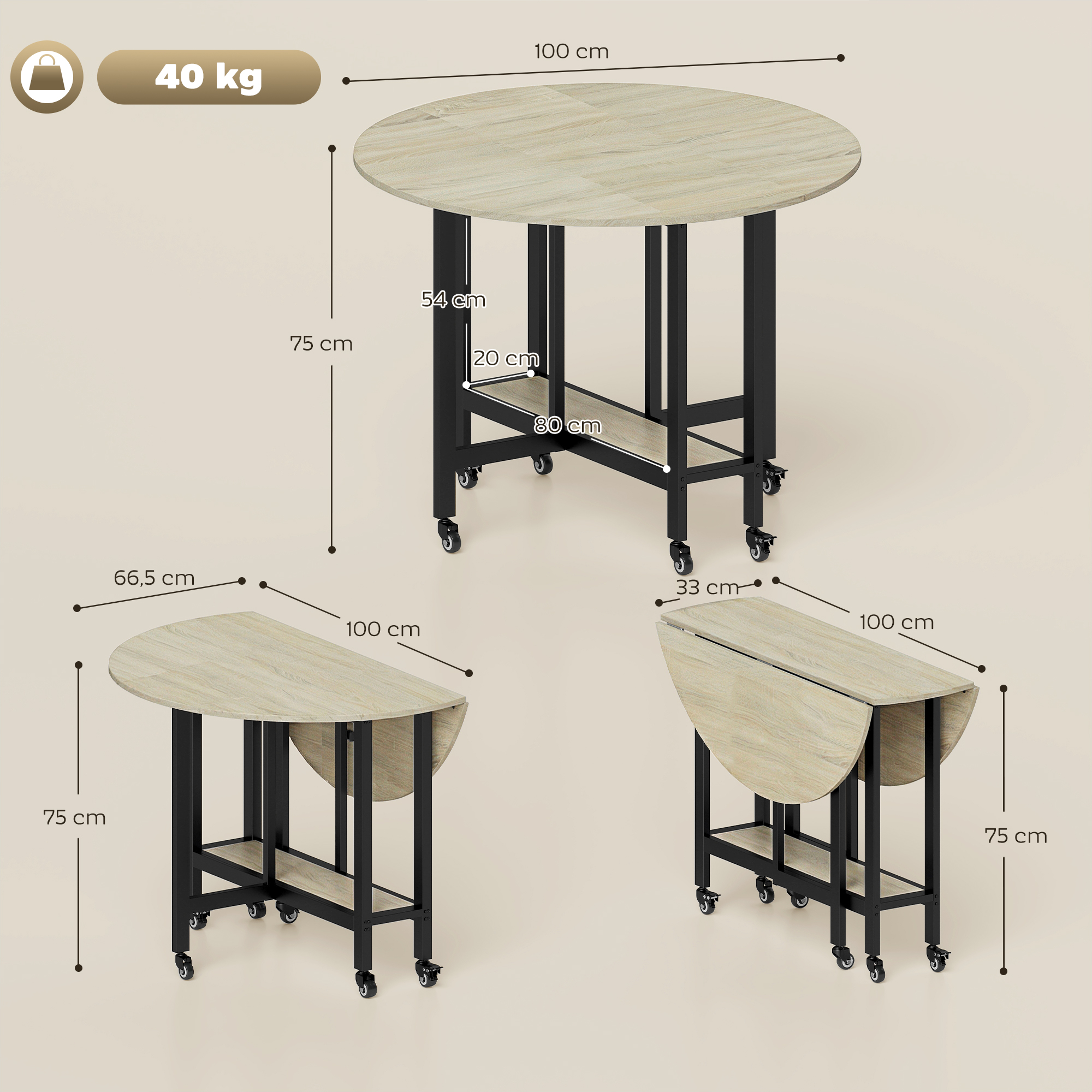 Klapptisch, Tisch mit Klappfunktion und offener Ablage, Rollbarer Küchentisch für Esszimmer, kleine Räume, Natur