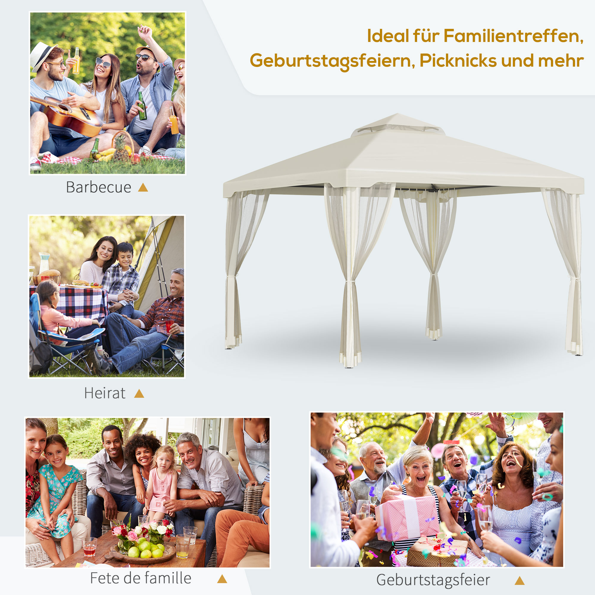 Pavillon mit Doppeldach, ca, 3x3 m Wasserdicht Stabil Winterfest Gartenpavillon mit Moskitonetz, Seitenteile, Garten-Pavillon aus Metall, für Garten, Terrasse, Cremeweiß