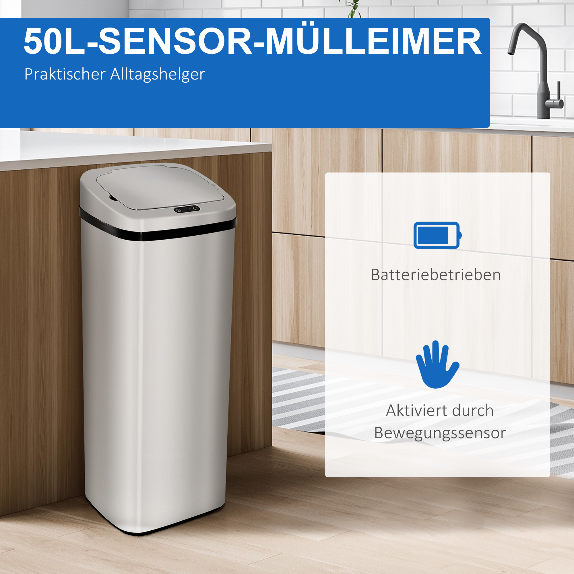 Sensor Mülleimer 50L Automatik Mülleimer mit Bewegungssensor, Wasserdichter Abfalleimer für Büro, Schlafzimmer, Küchen Edelstahl Silber